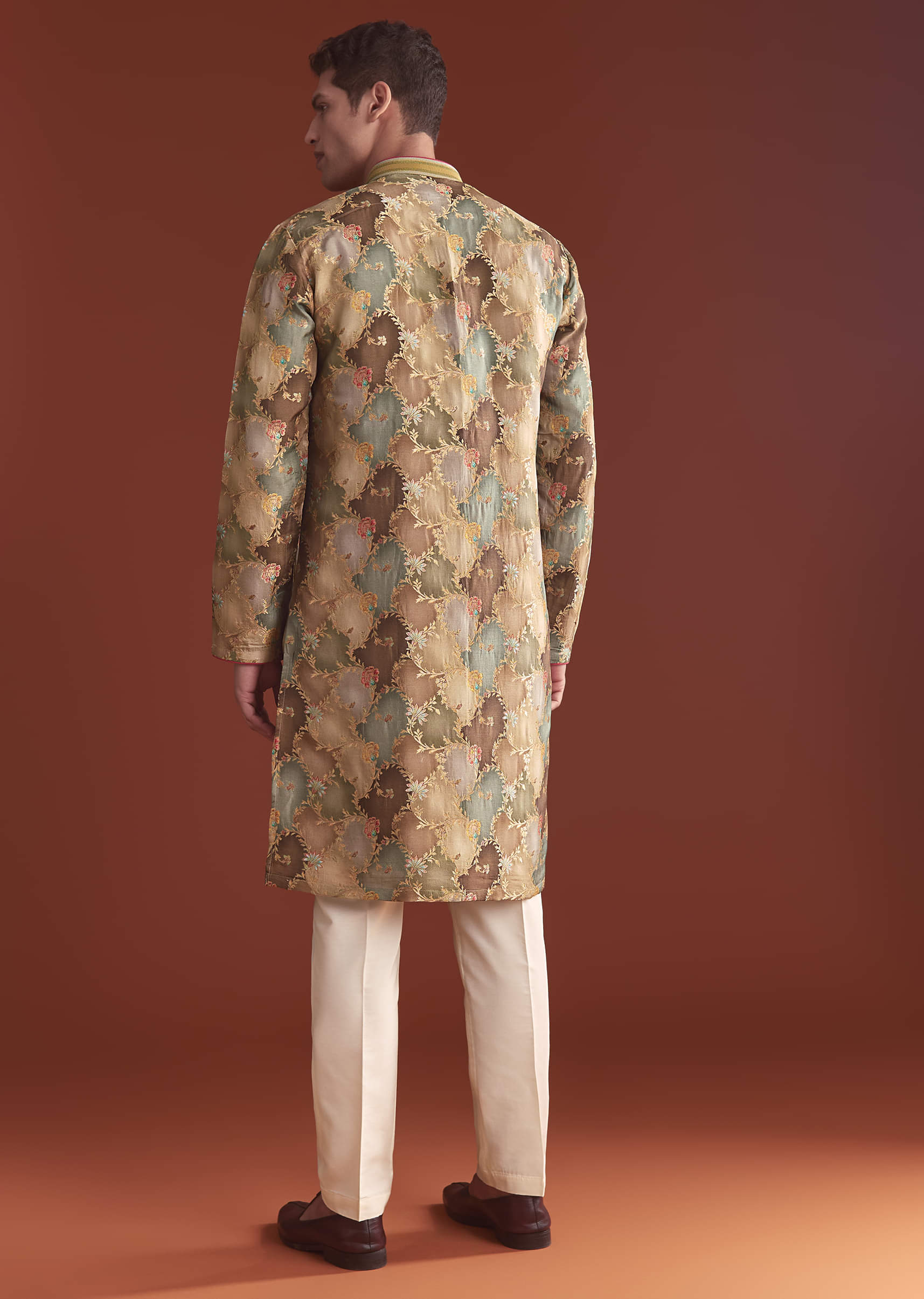 Brown Banarasi Kurta Set For Men With Vine Pattern - Image 5