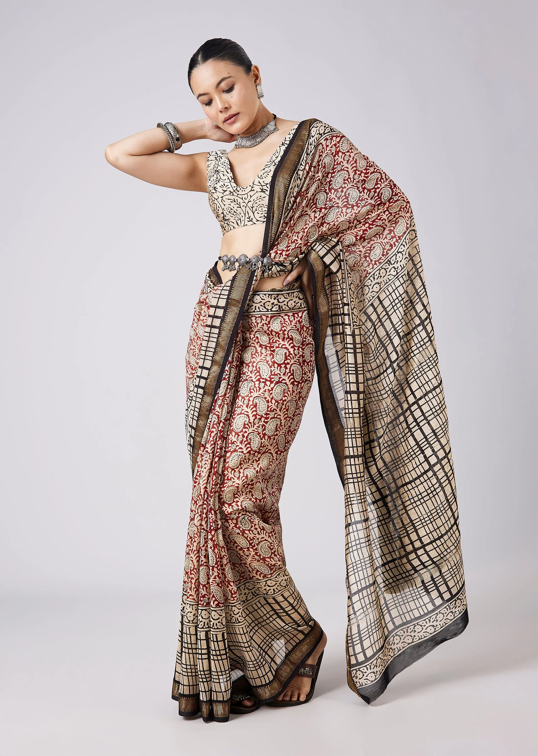 Brown Block Print Tassel Saree with Unstitched Blouse - Image 3