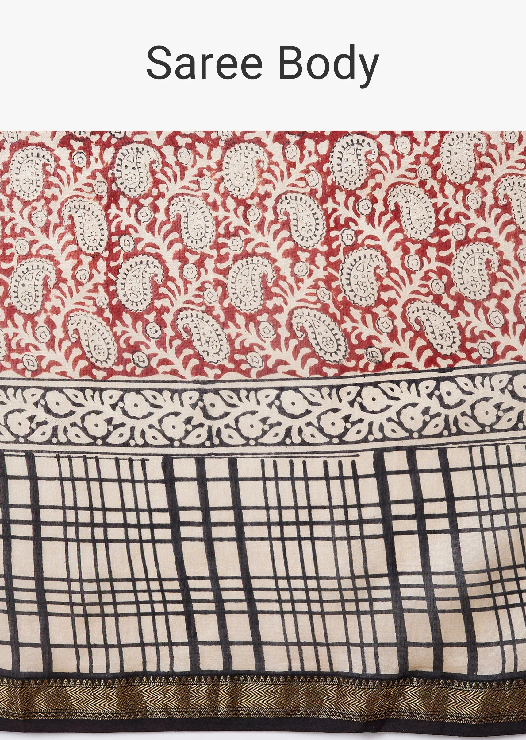 Brown Block Print Tassel Saree with Unstitched Blouse - Image 9