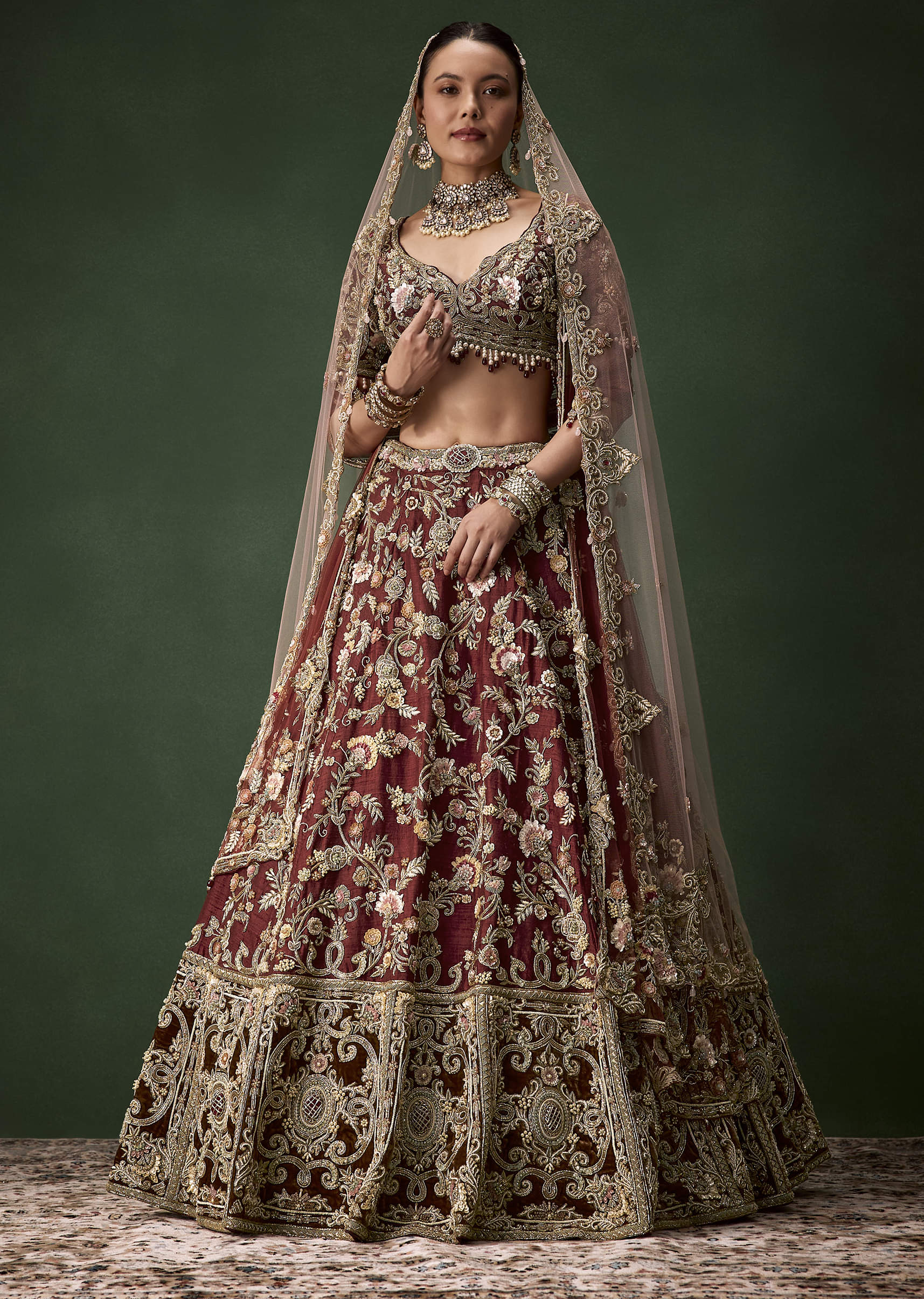 Brown Bridal Cutdana Embellished Silk Lehenga Set with Two Dupattas