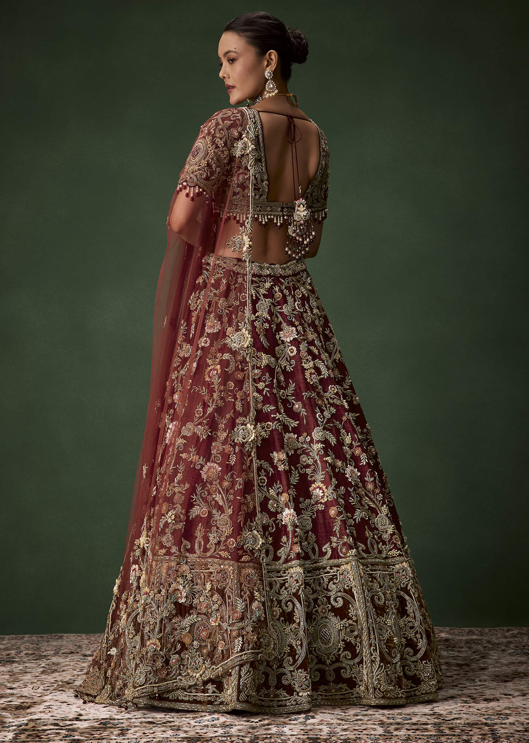 Brown Bridal Cutdana Embellished Silk Lehenga Set with Two Dupattas - Image 2