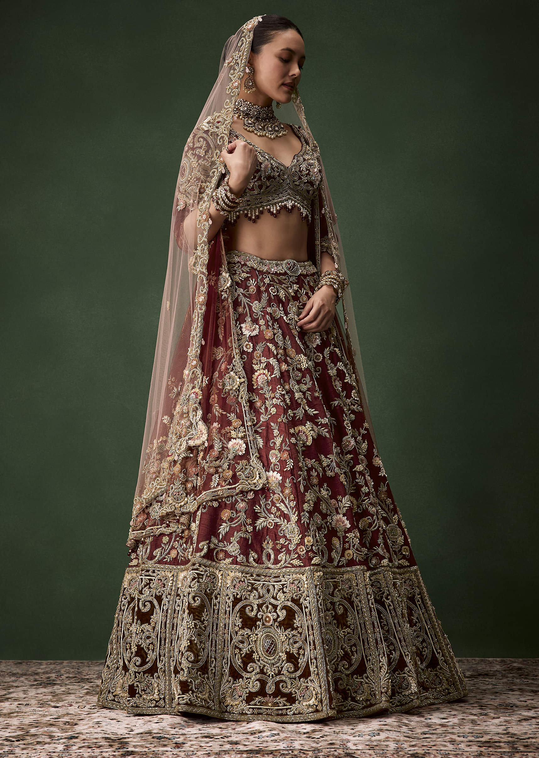 Brown Bridal Cutdana Embellished Silk Lehenga Set with Two Dupattas - Image 4