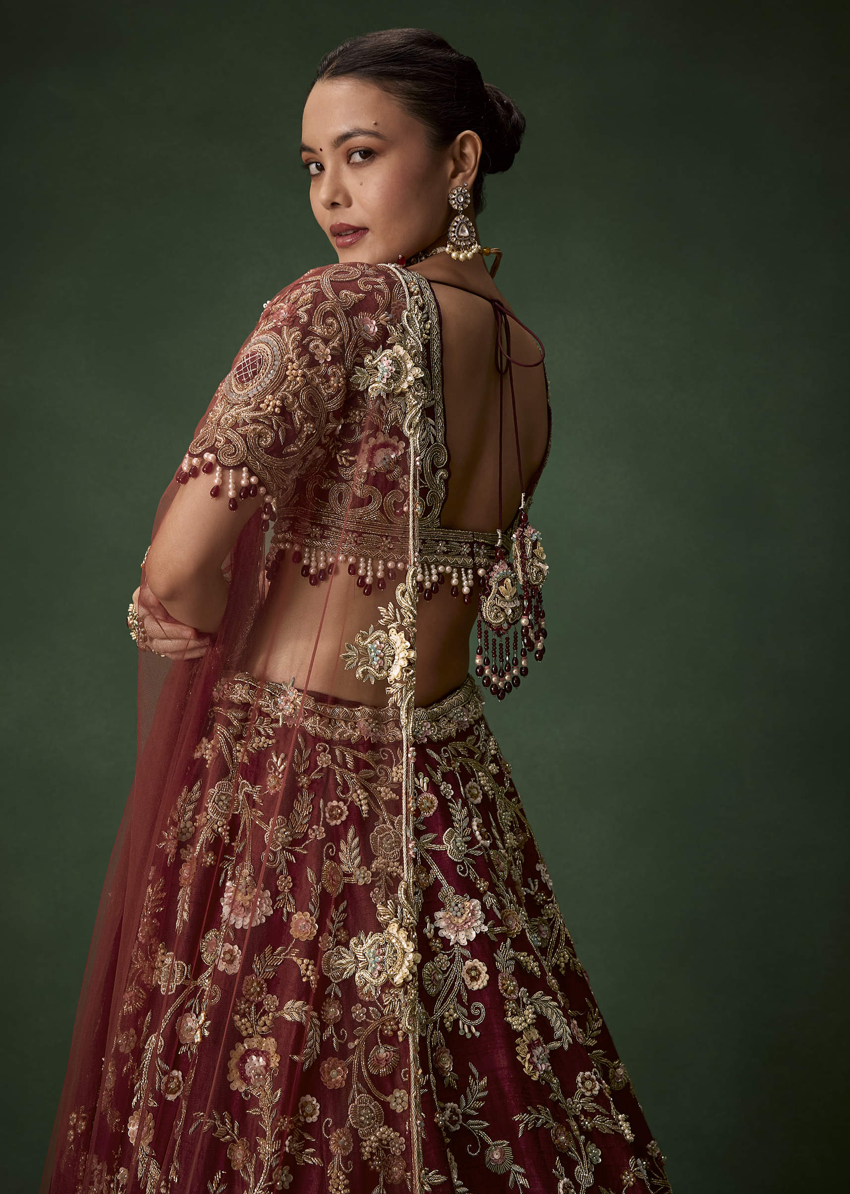 Brown Bridal Cutdana Embellished Silk Lehenga Set with Two Dupattas - Image 6