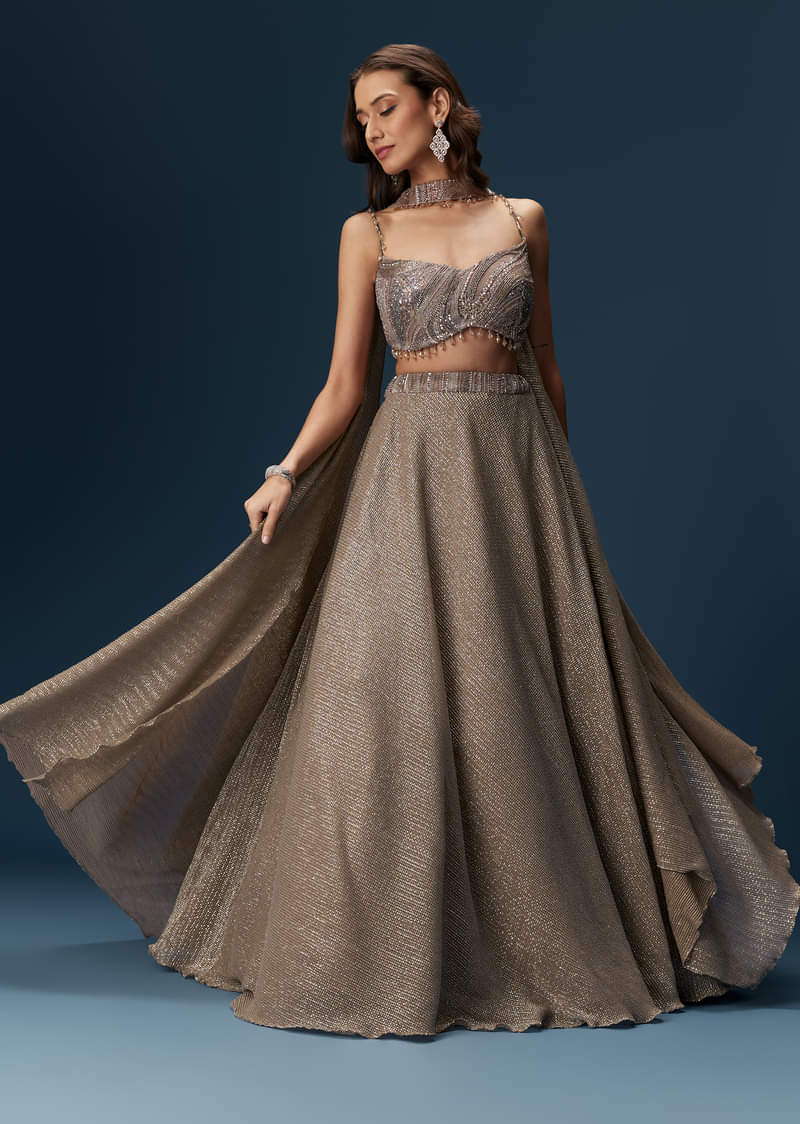 Brown Bridesmaid Lehenga With Choker Net Dupatta And Embellished Blouse