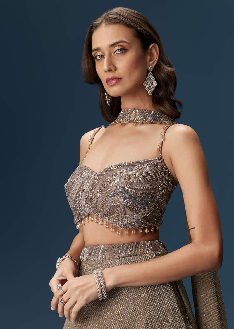 Brown Bridesmaid Lehenga With Choker Net Dupatta And Embellished Blouse - Image 4