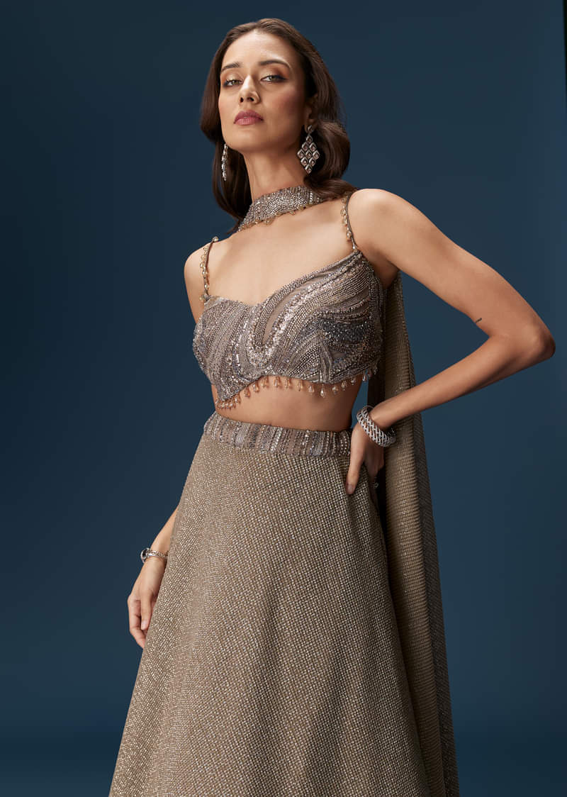 Brown Bridesmaid Lehenga With Choker Net Dupatta And Embellished Blouse - Image 5