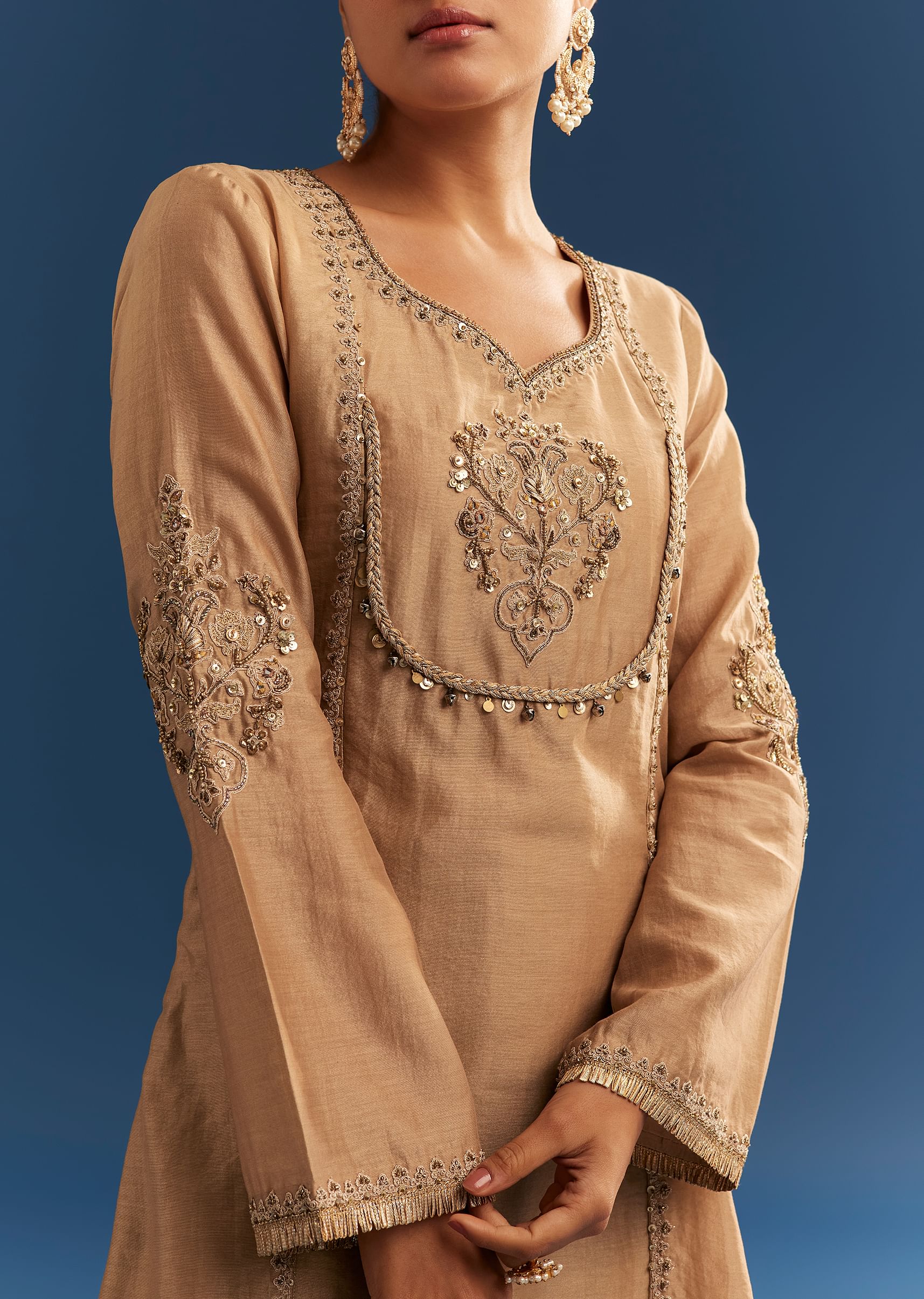 Brown Chanderi Embroidered Kurta Set With Crepe Dhoti And Gotta Detailing - Image 2
