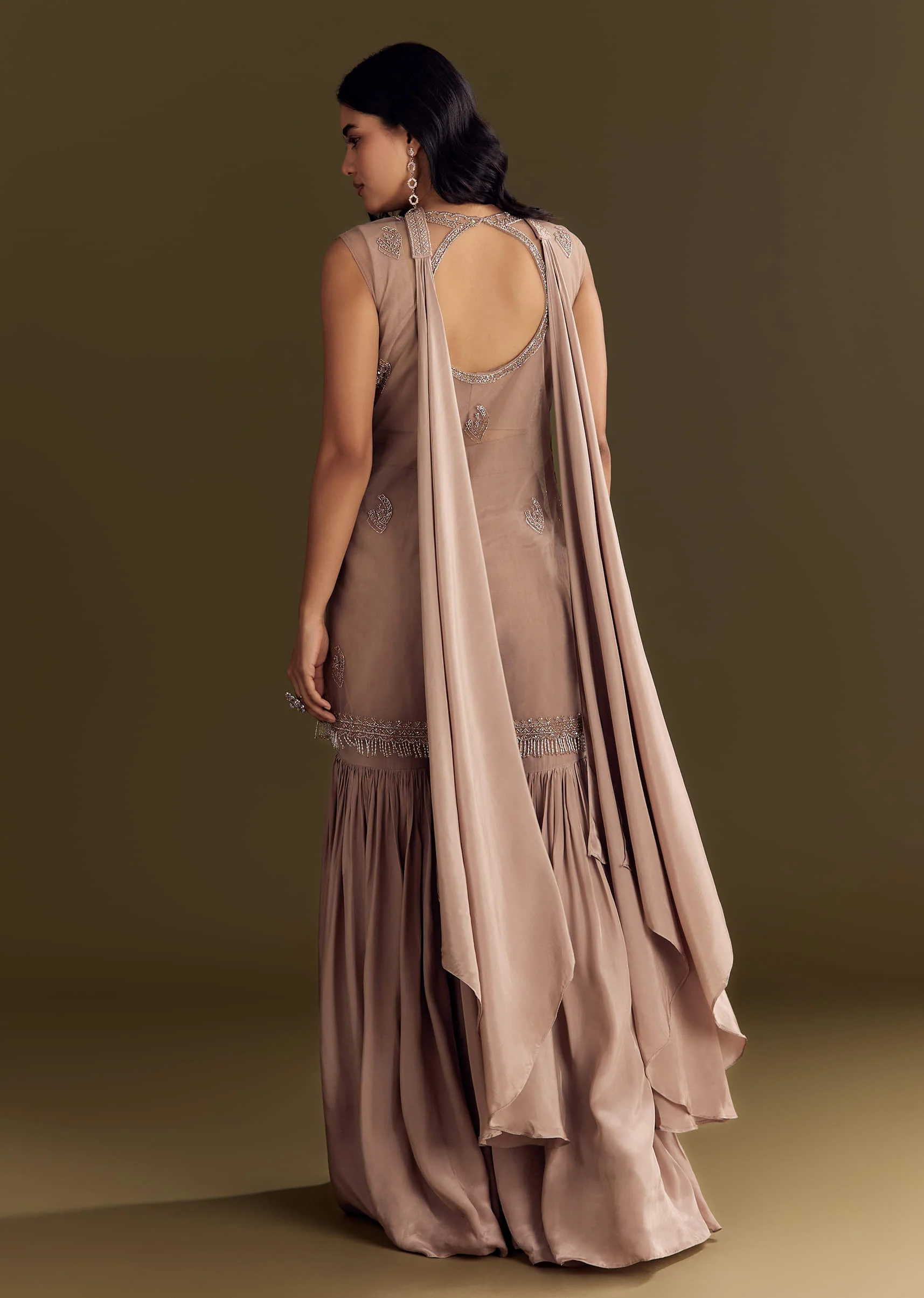 Brown Crepe Kurta Sharara With Choker Style Net Dupatta - Image 5