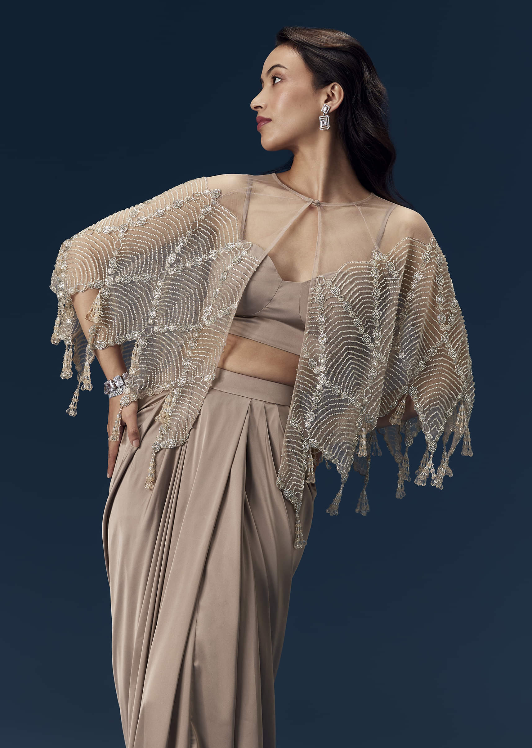 Brown Crop Top Skirt Set with Cape - Image 5