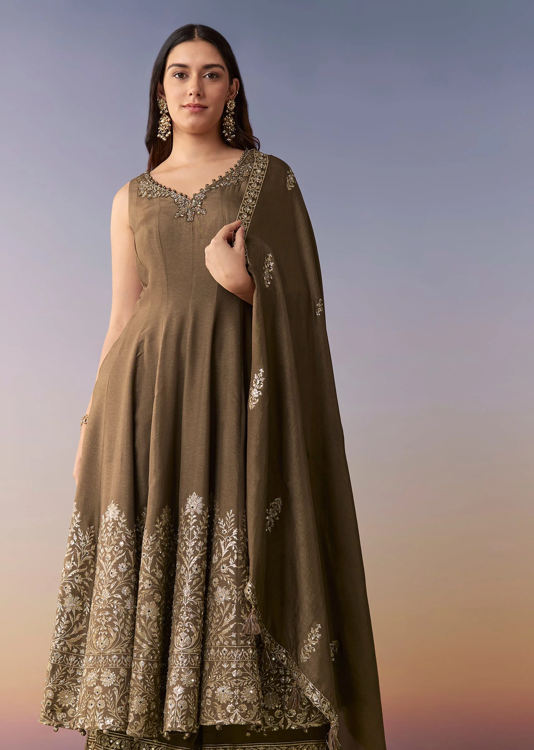 Brown Embellished Anarkali Suit Set With Pant And Dupatta - Image 4