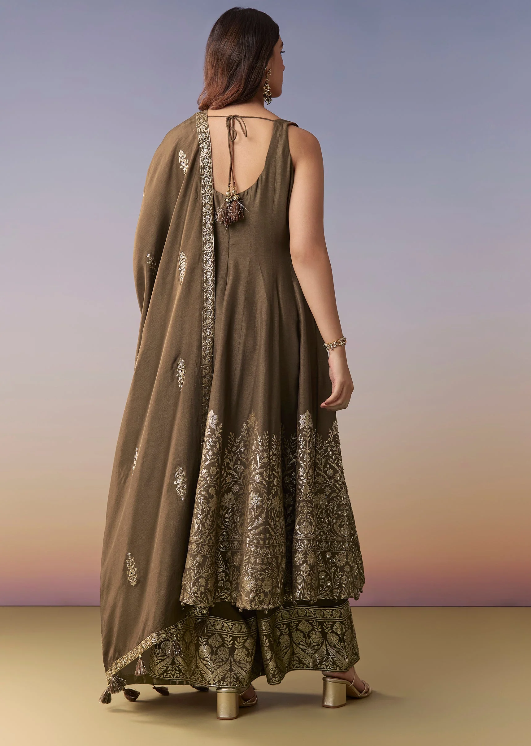 Brown Embellished Anarkali Suit Set With Pant And Dupatta - Image 5