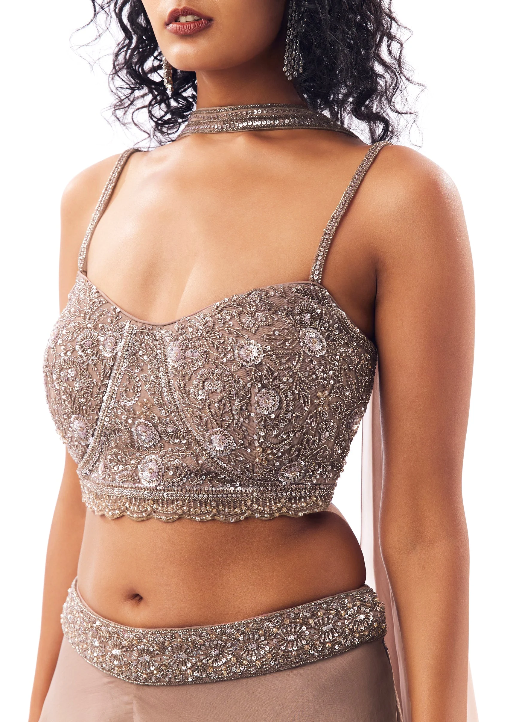 Brown Embellished Crop Top Set With Palazzos And Dupatta - Image 2