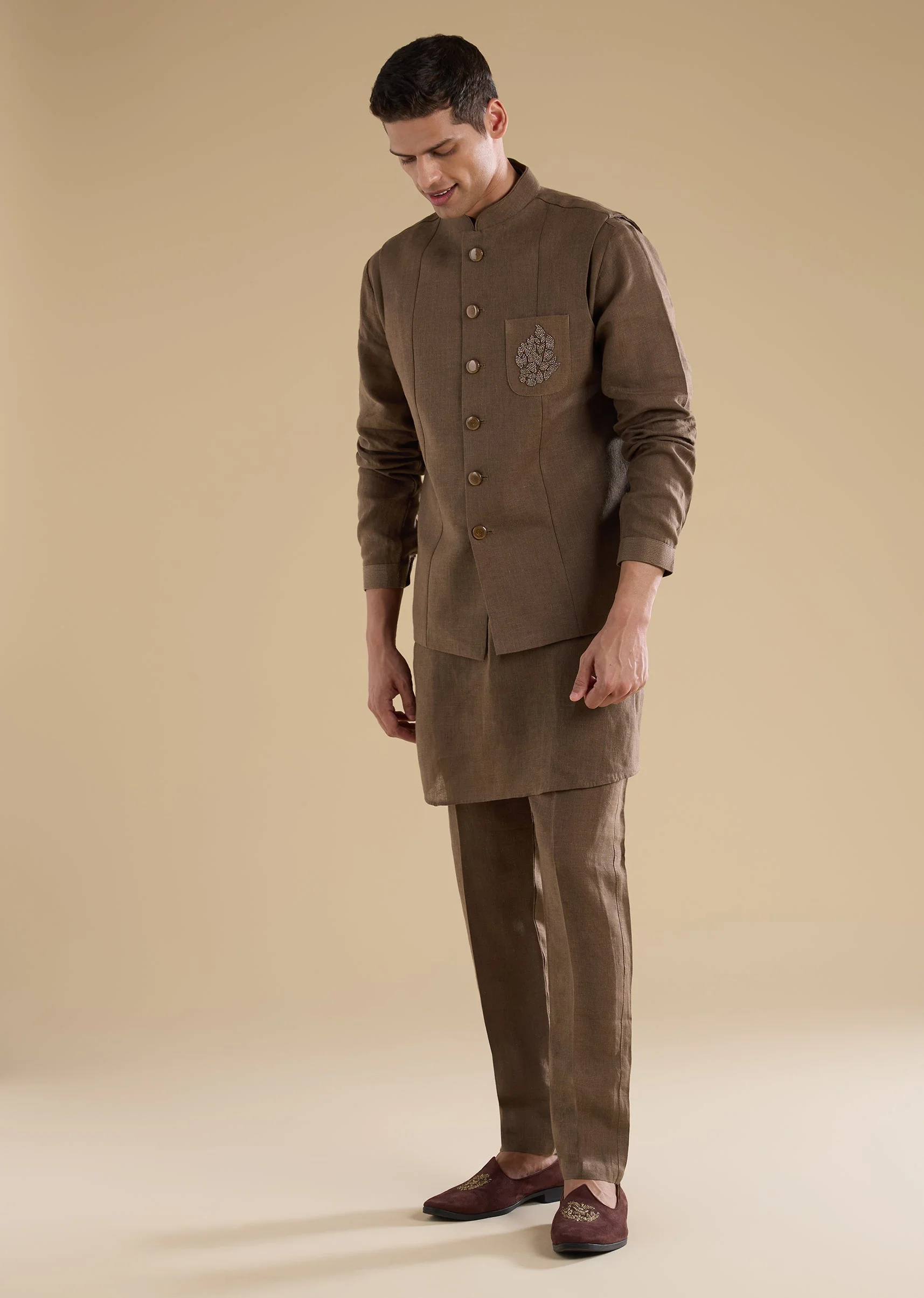 Brown Embellished Silk Kurta Jacket Set - Image 4