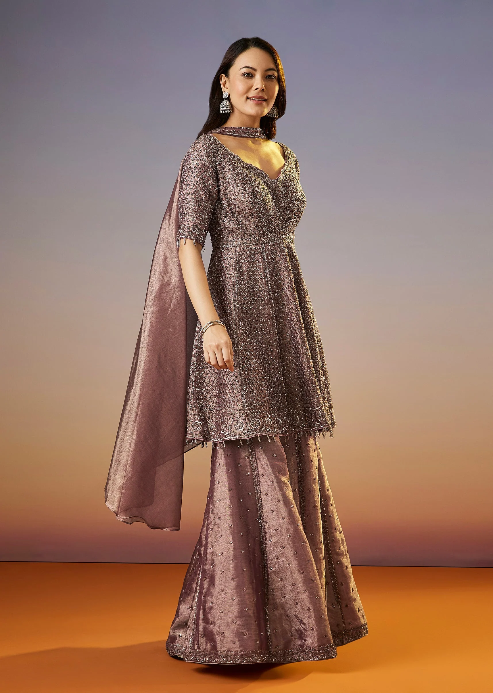Brown Embroidered Tissue Peplum Sharara Suit With Dupatta - Image 3