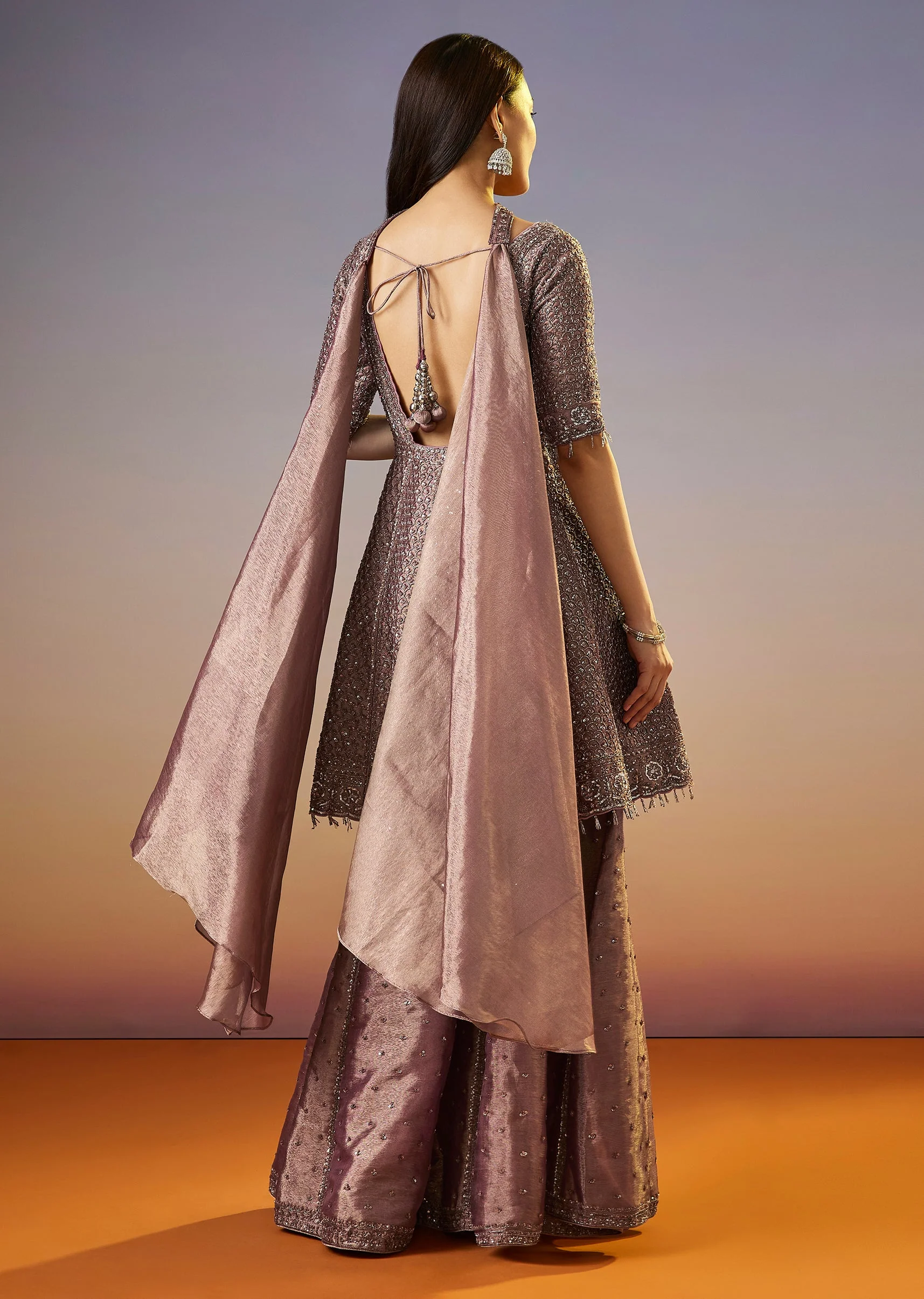 Brown Embroidered Tissue Peplum Sharara Suit With Dupatta - Image 5