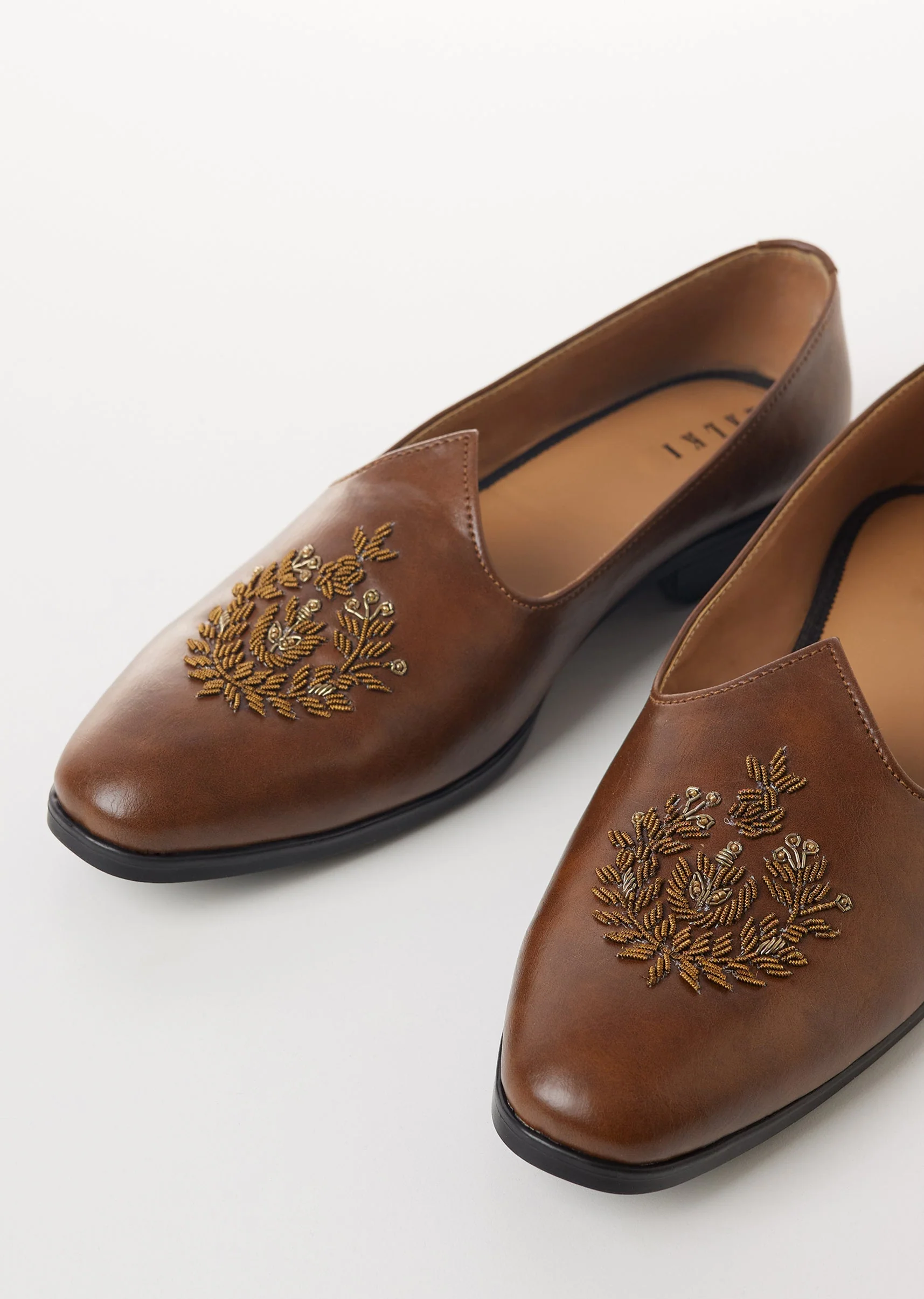 Brown Faux Leather Mens Loafers with Gold Thread Embroidery - Image 2