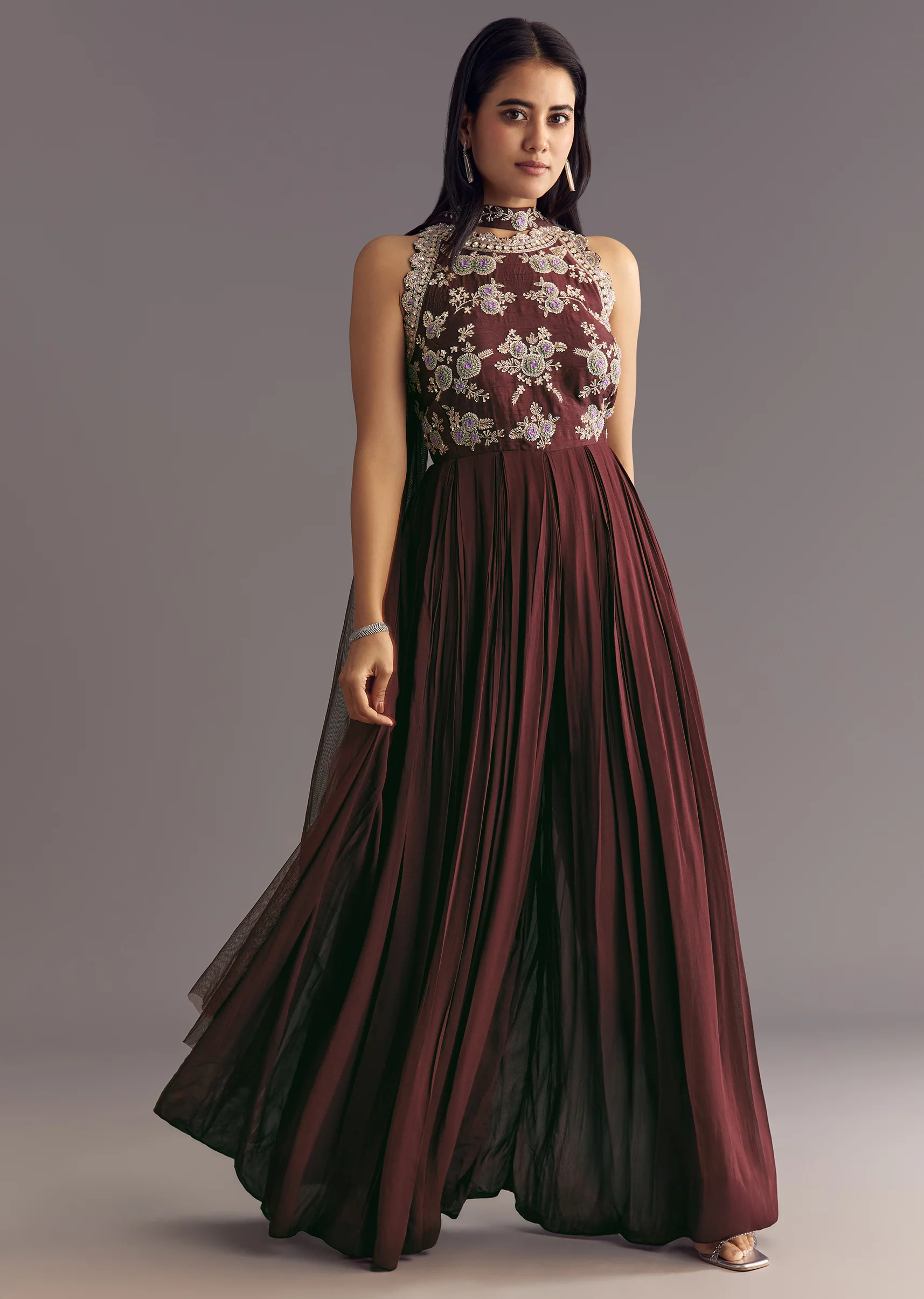 Brown Georgette Jumpsuit With Beads And Cutdana Embroidery