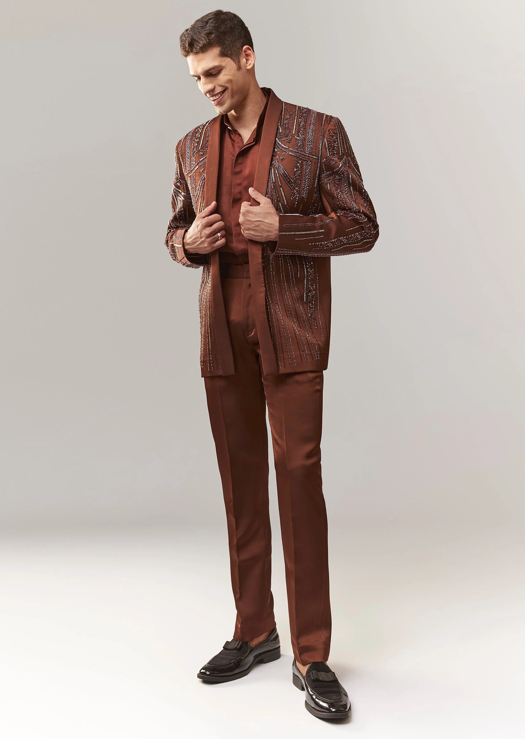 Brown Hand Embroidered Blazer Set With Waistcoat - Image 2