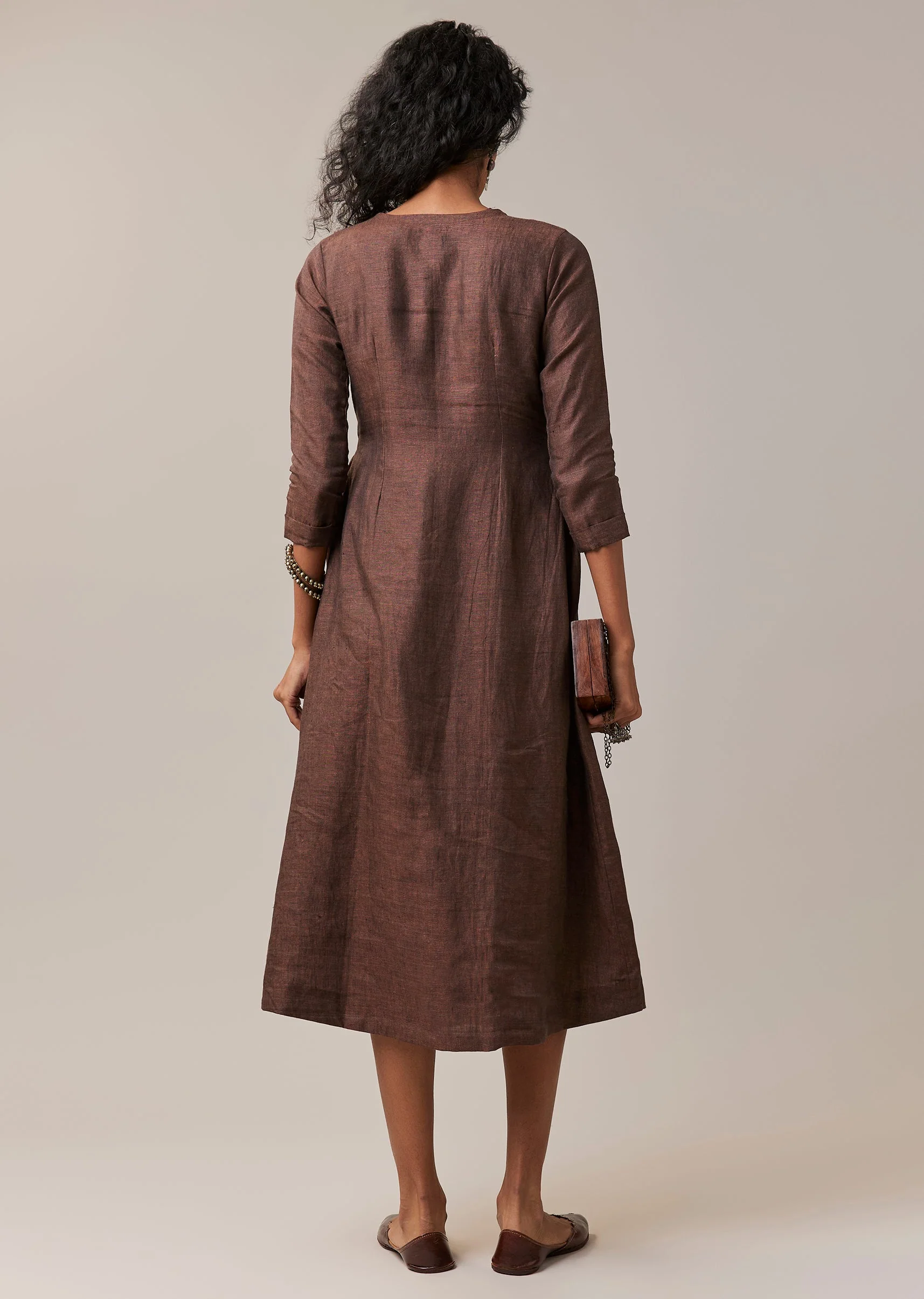 Brown Hand Embroidered French Knot Linen Kurta - Image 5