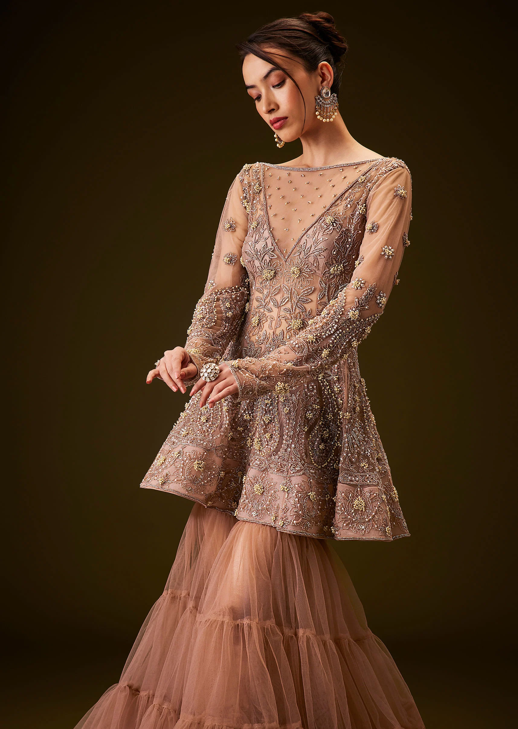 Brown Hand Embroidered Sharara Set - Image 4