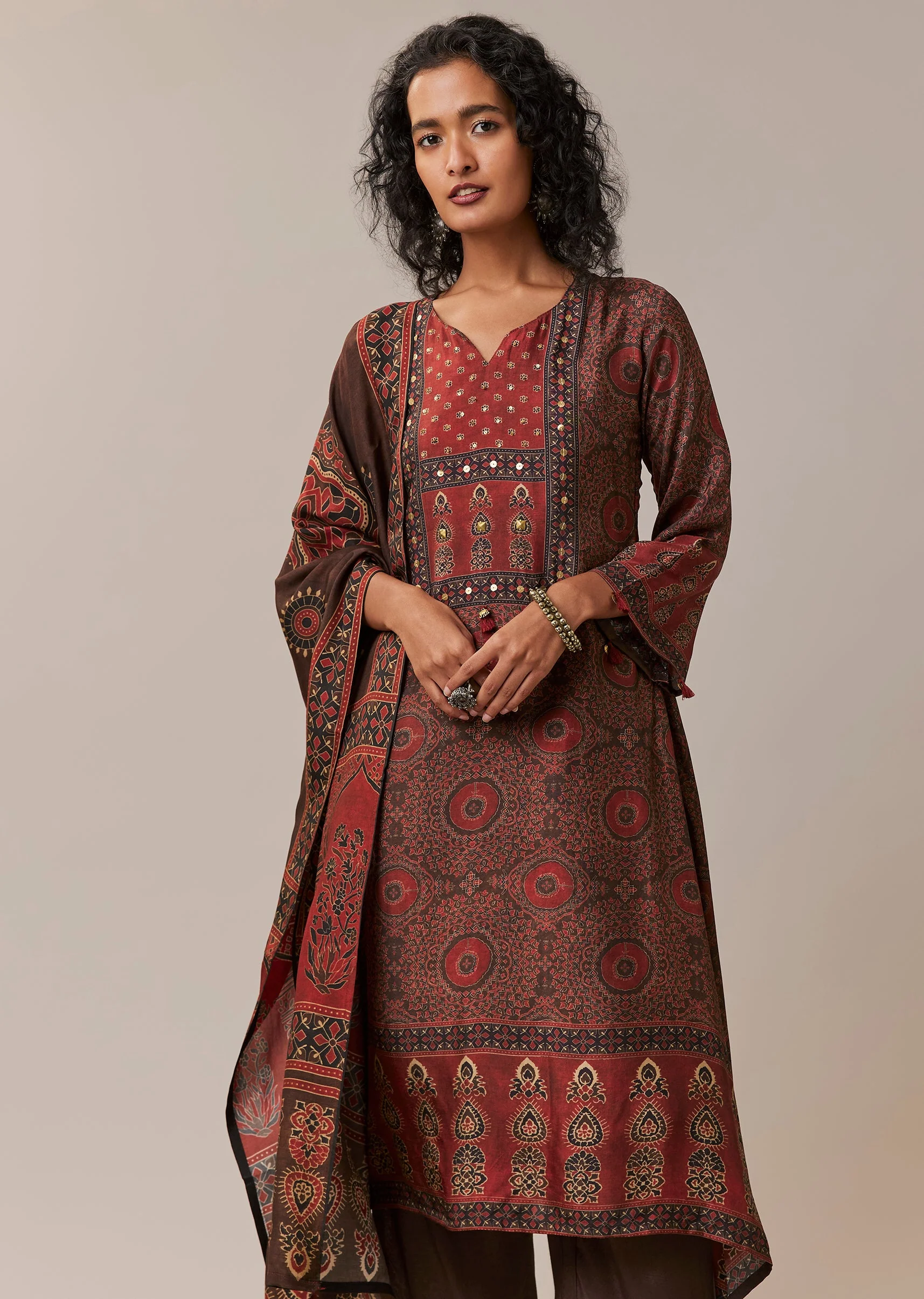 Brown Indie Print Silk Kurta Set - Image 4