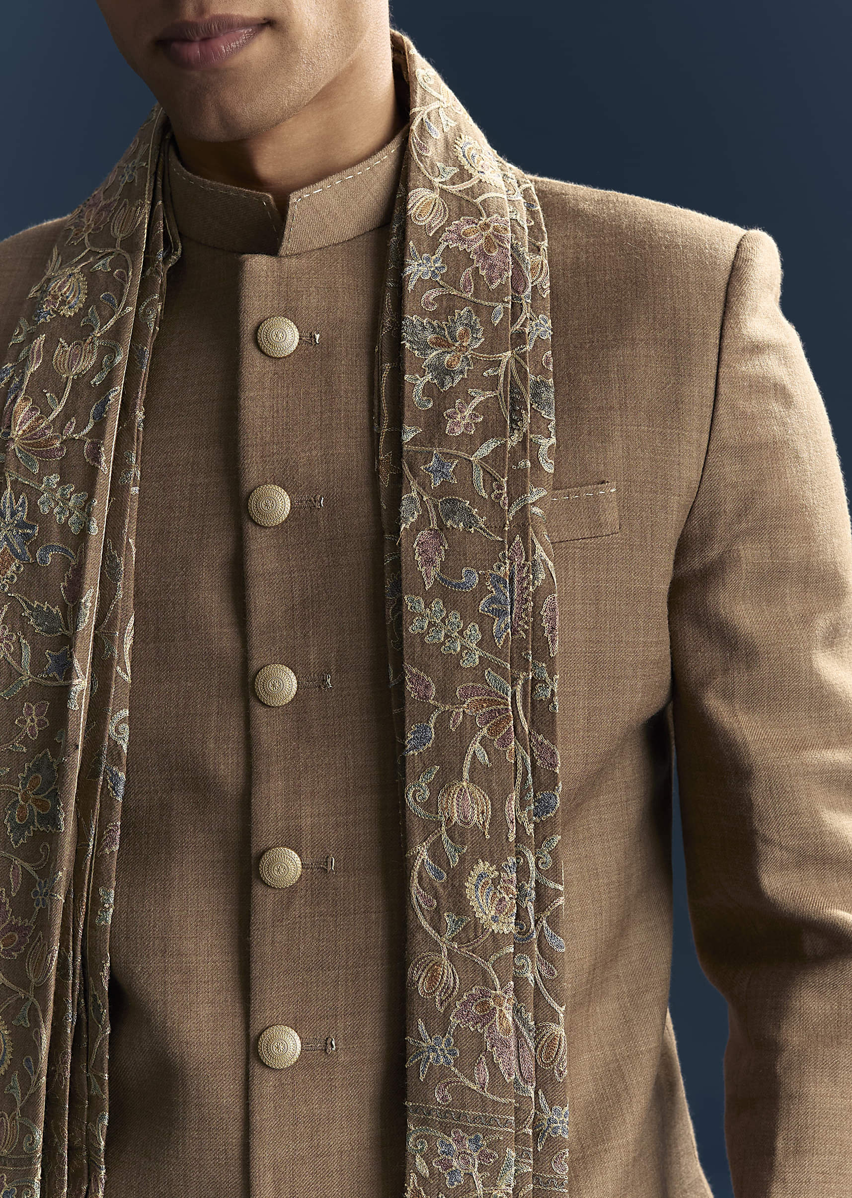 Brown Jacquard Indo Western Set For Men With Embroidered Stole - Image 2