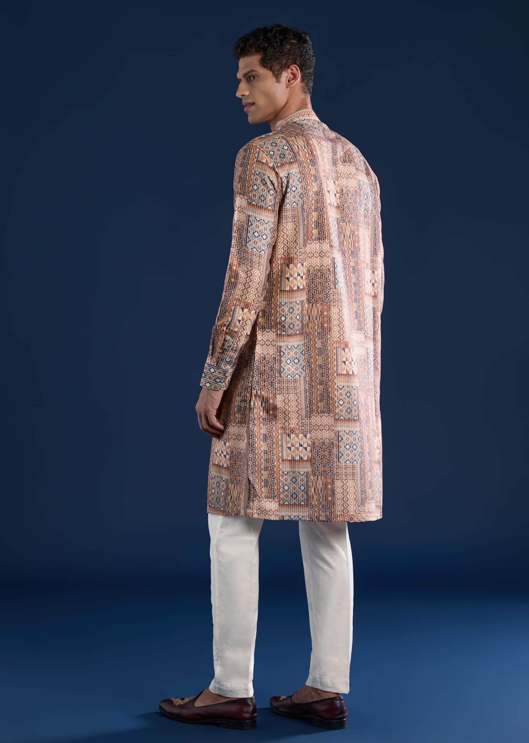 Brown Kantha Work Printed Mens Kurta and Pant Set - Image 5