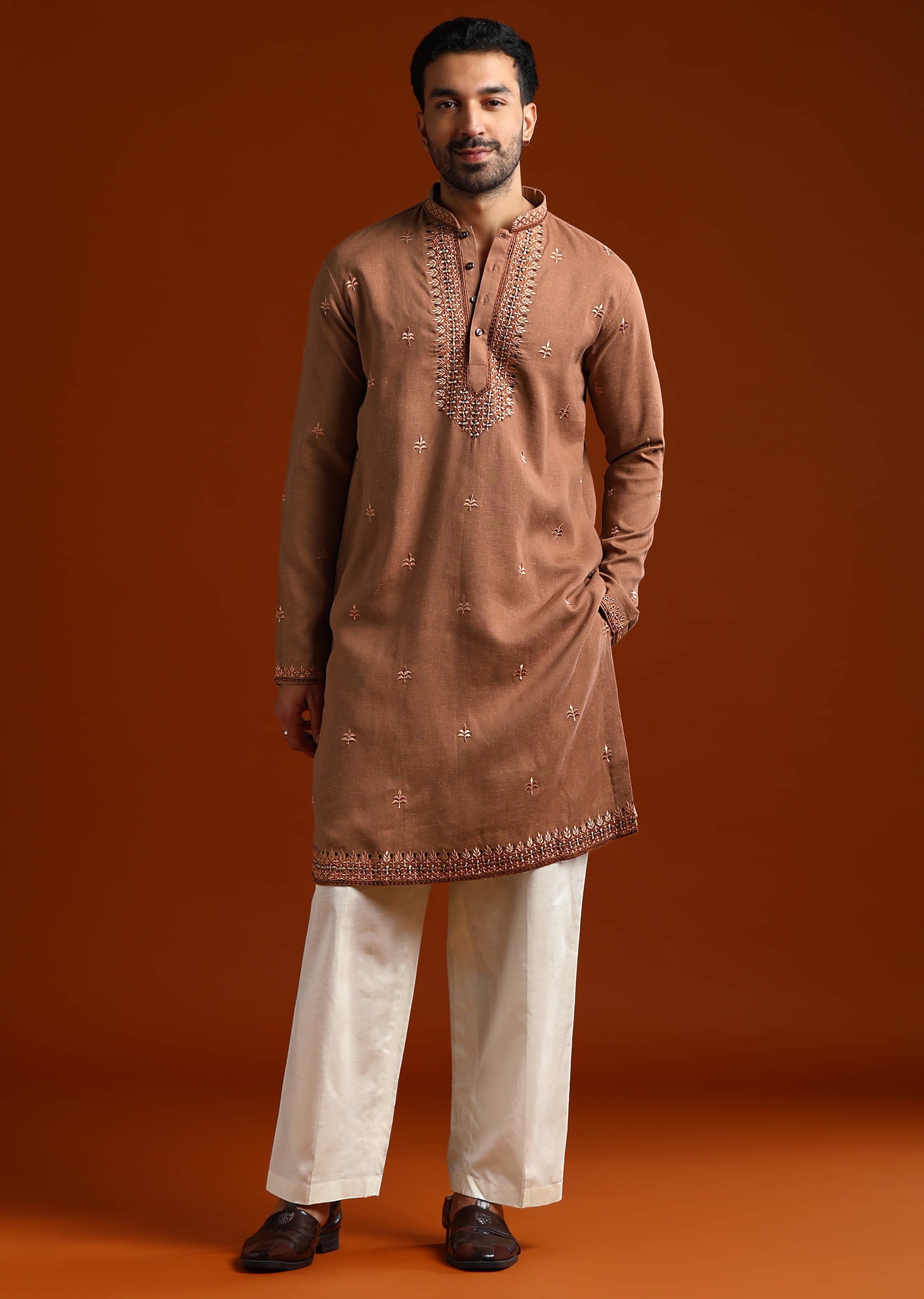 Brown Kurta Set For Men With Thread Work - Image 2