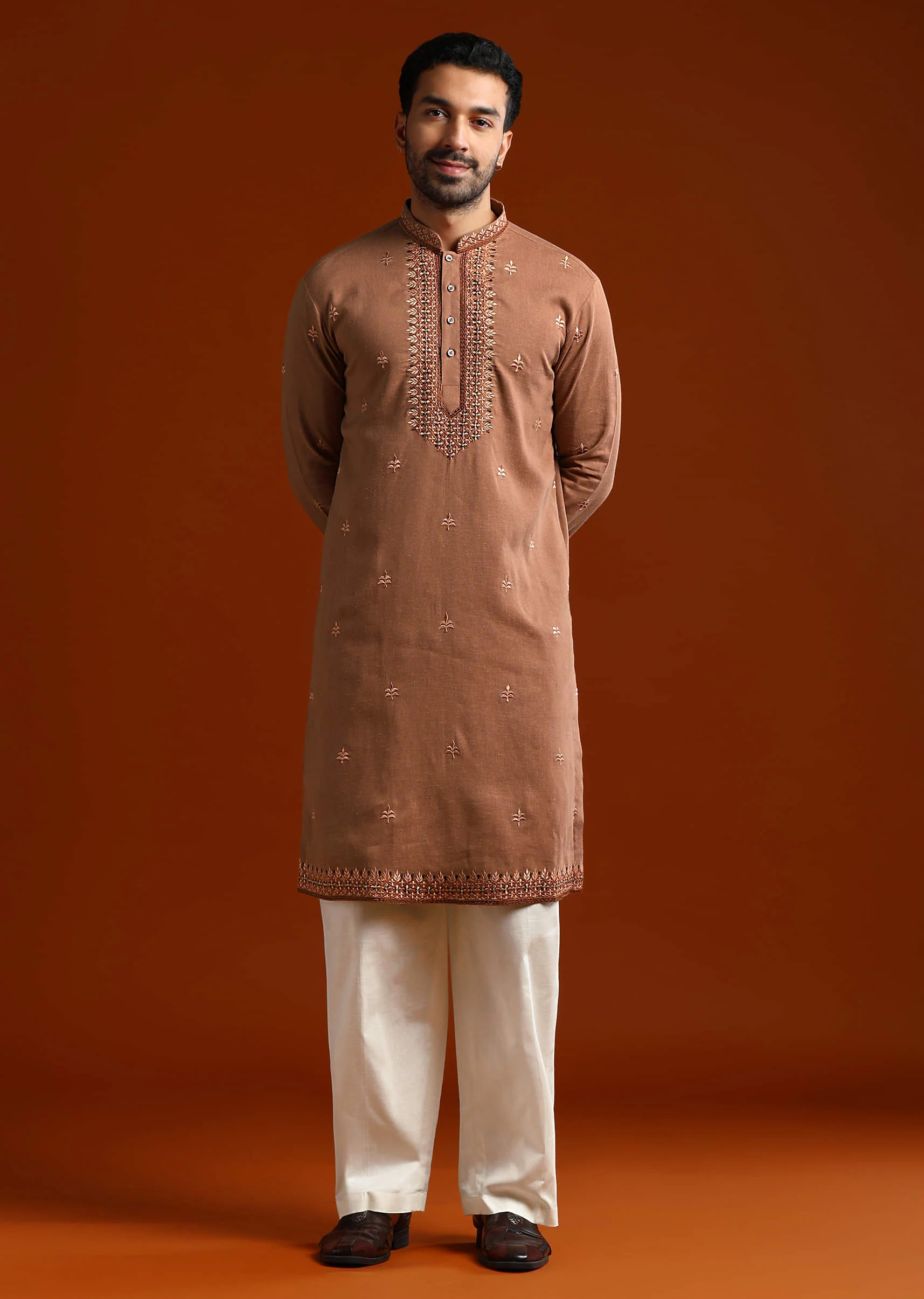 Brown Kurta Set For Men With Thread Work - Image 4