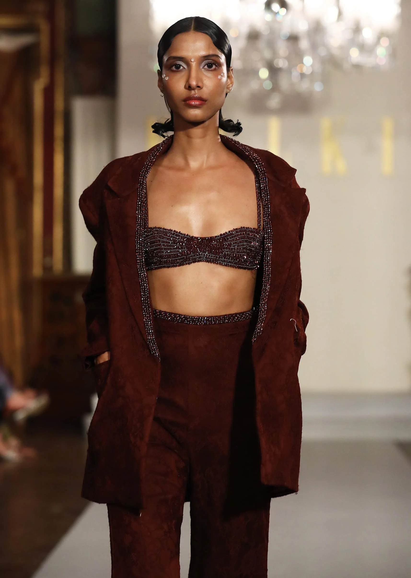 Brown Lace Crop Top And Skirt Set With Bead Embroidery - Image 2