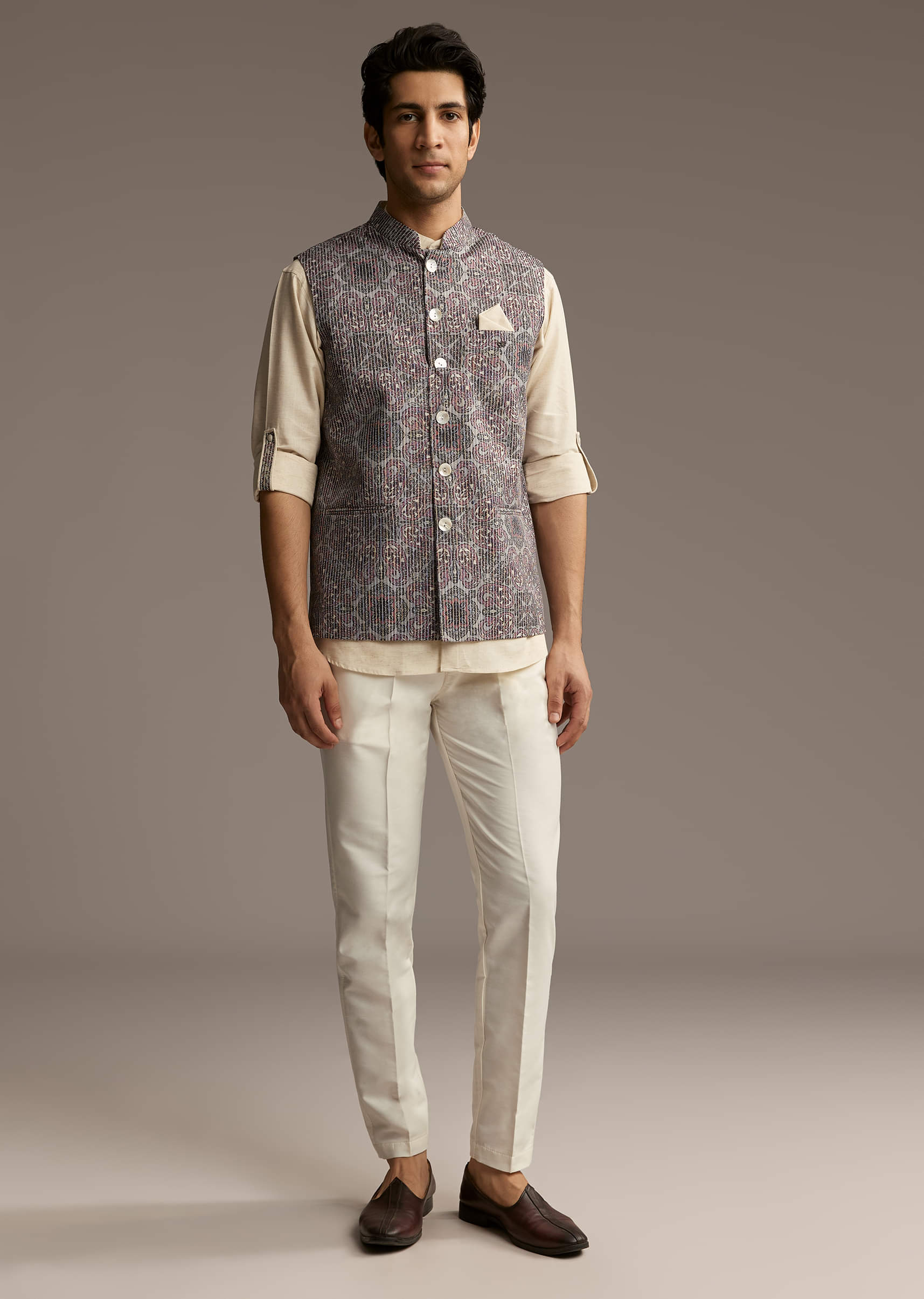 Brown Linen Kurta Jacket Set For Men With Kantha Embroidery - Image 4