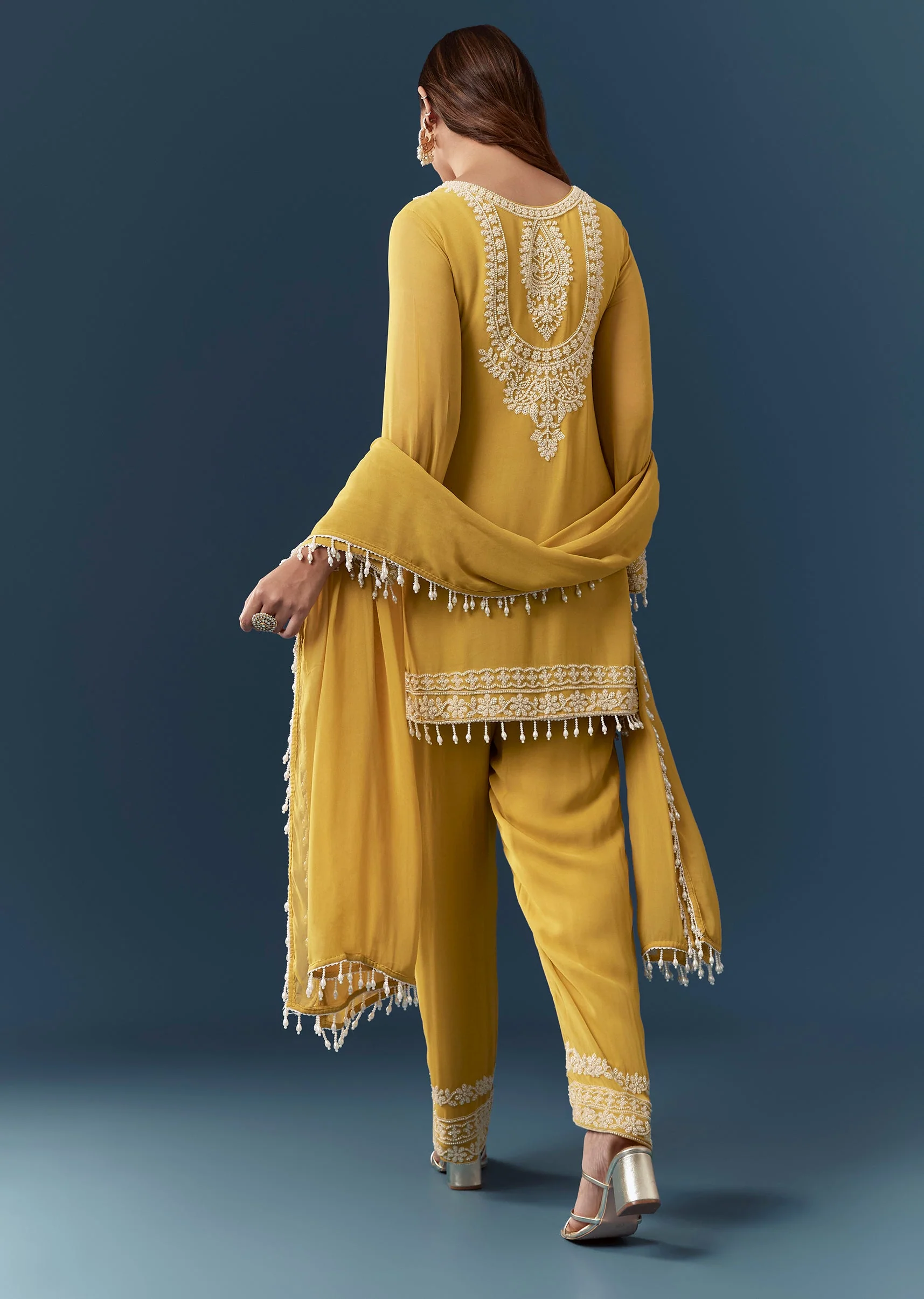 Brown Moti Embroidered Kurta Pant Set - Image 5