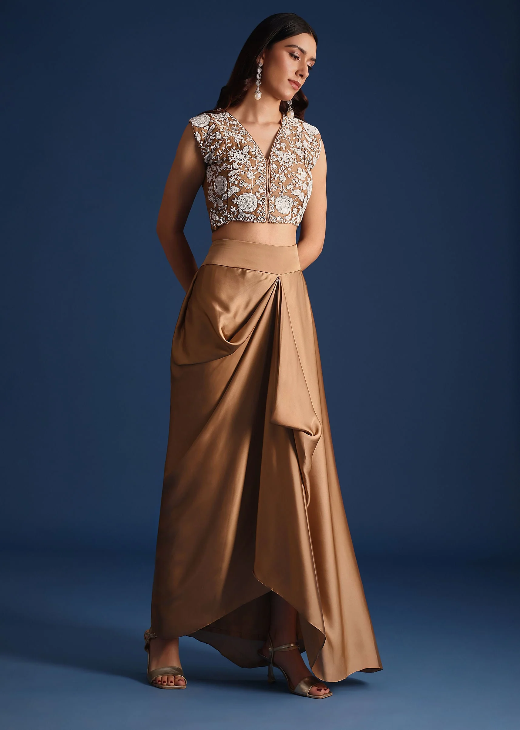 Brown Moti Work Jacket With Skirt And Crop Top - Image 6