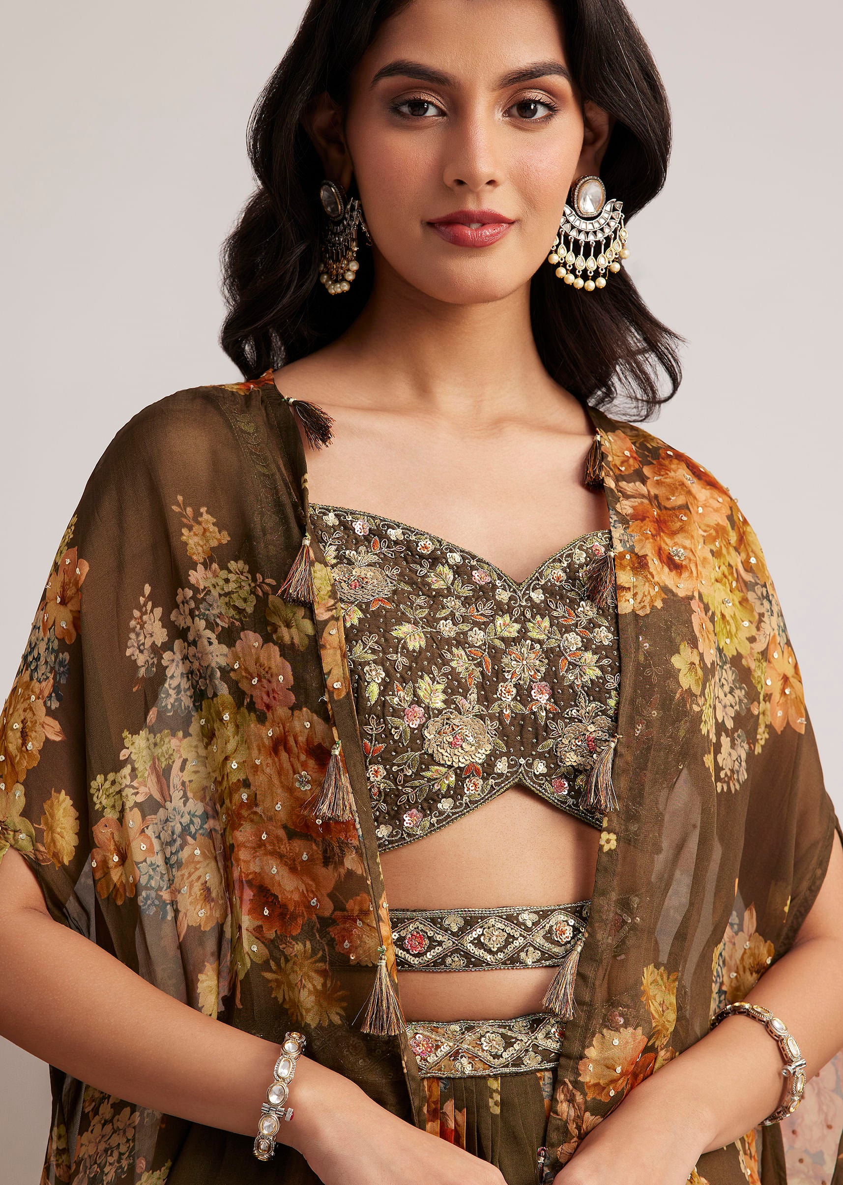 Brown Organza Floral Print Set With Zardosi And Sequins Work - Image 4