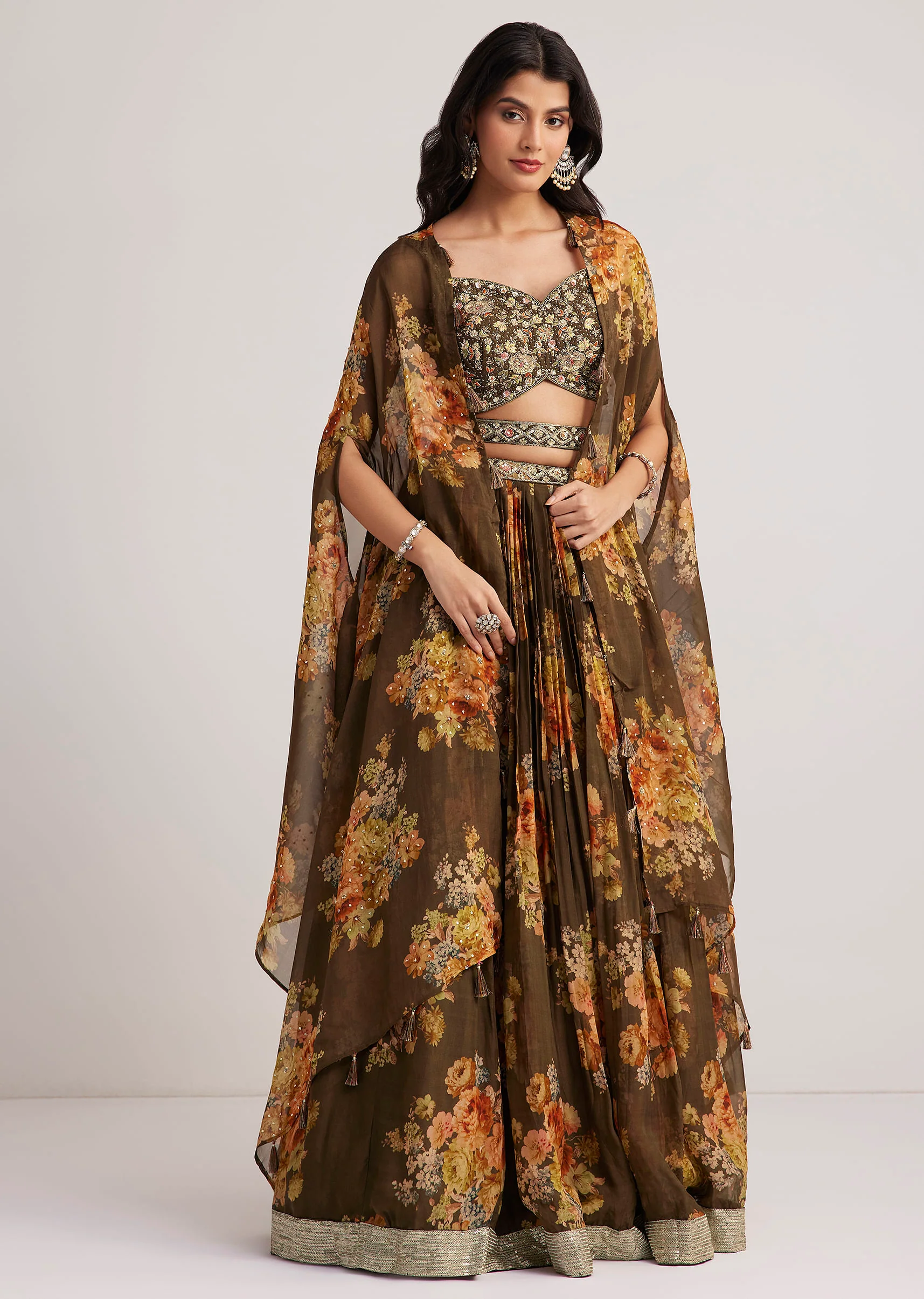 Brown Organza Floral Print Set With Zardosi And Sequins Work - Image 5