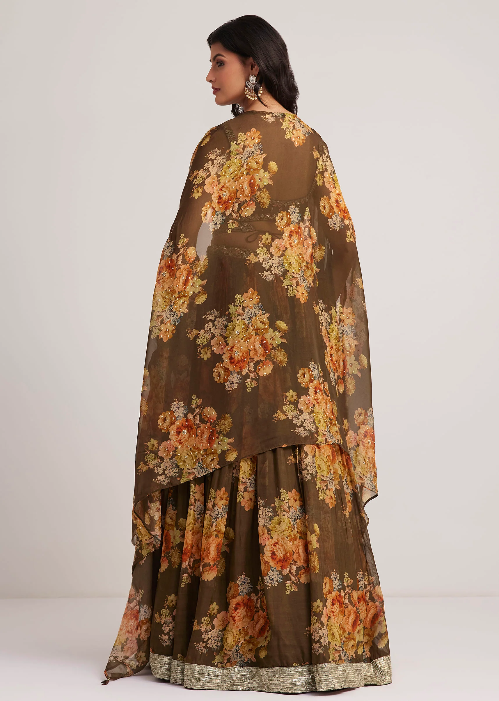 Brown Organza Floral Print Set With Zardosi And Sequins Work - Image 6