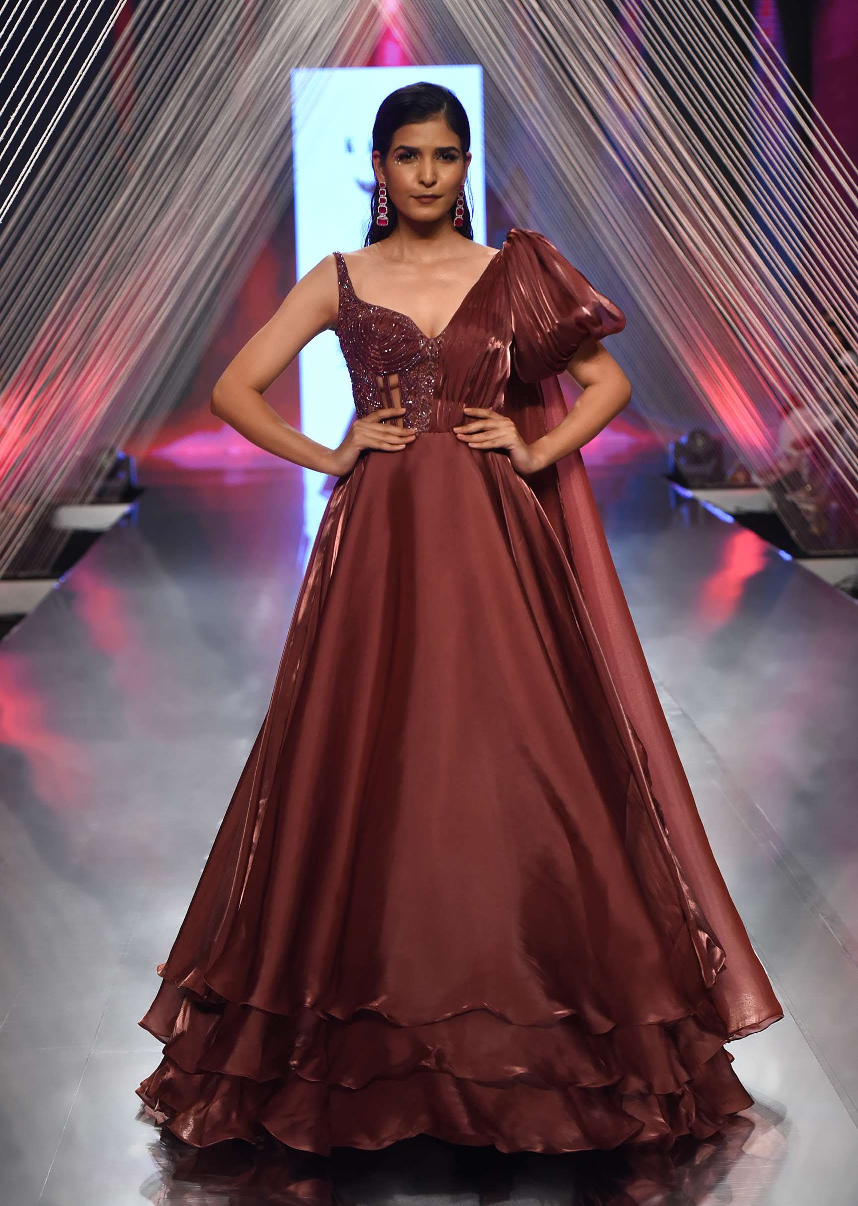 Brown Organza Gown In Sleeveless With Sequins Embroidery - Image 2