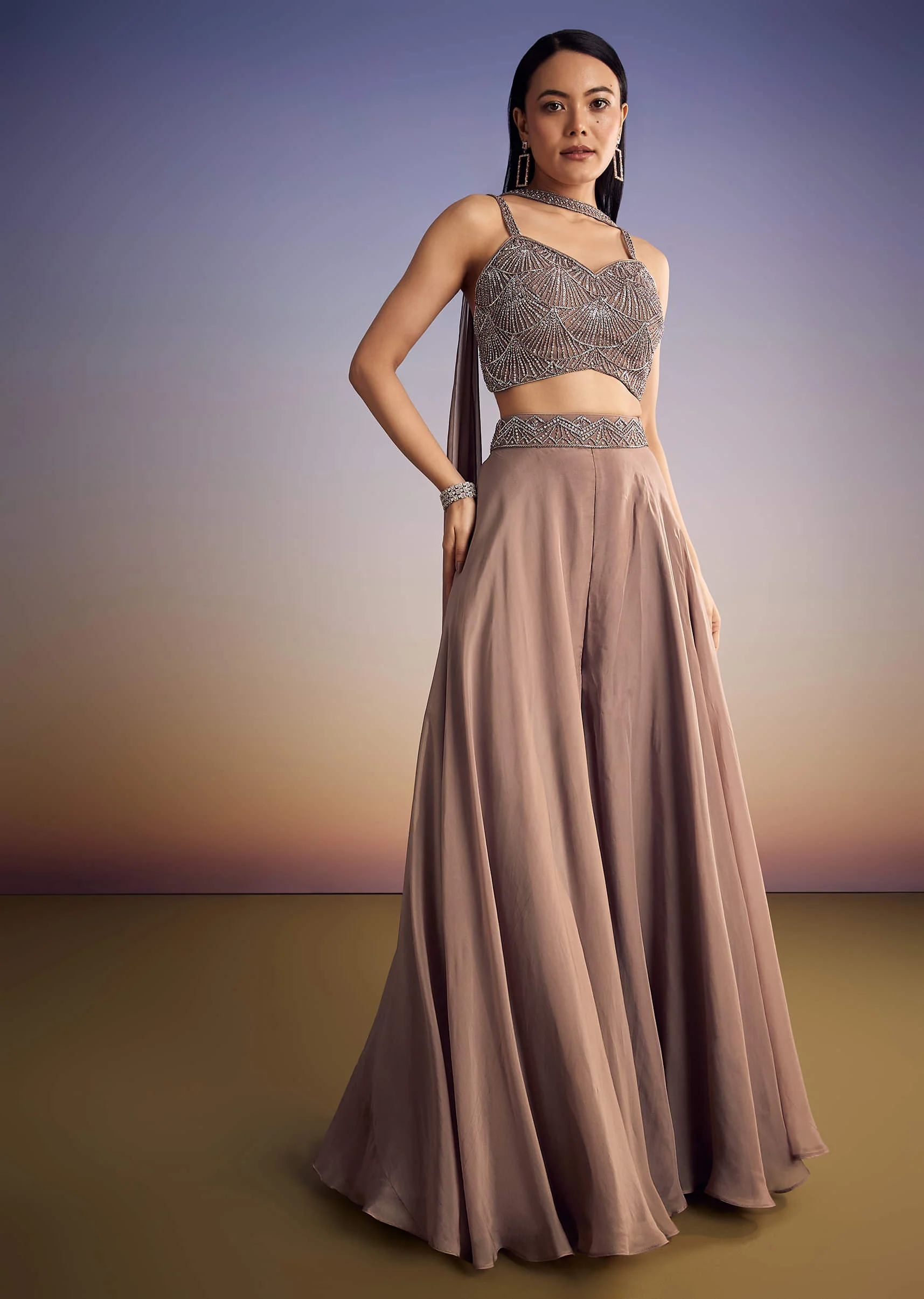 Brown Organza Palazzo Set With Cutdana And Sequins Dupatta - Image 3