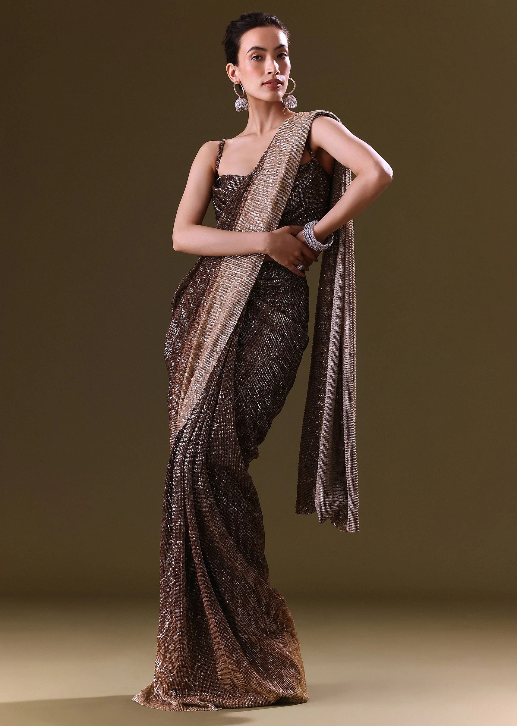 Brown Pre Stitched Saree With Cowl Blouse - Image 3