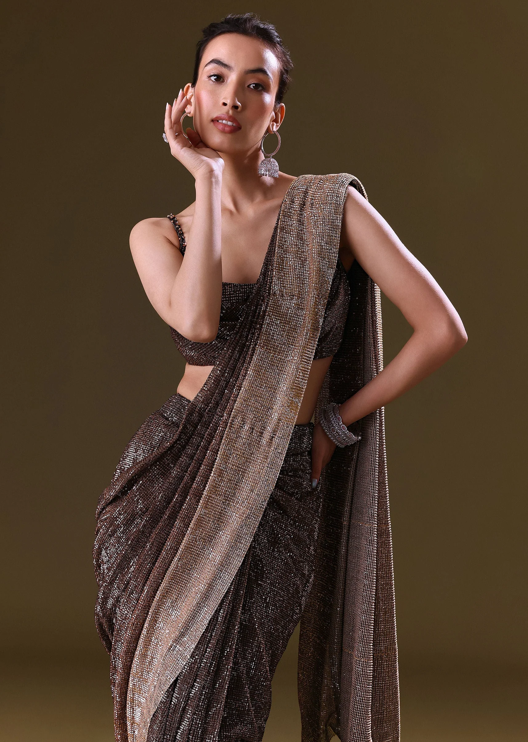 Brown Pre Stitched Saree With Cowl Blouse - Image 4