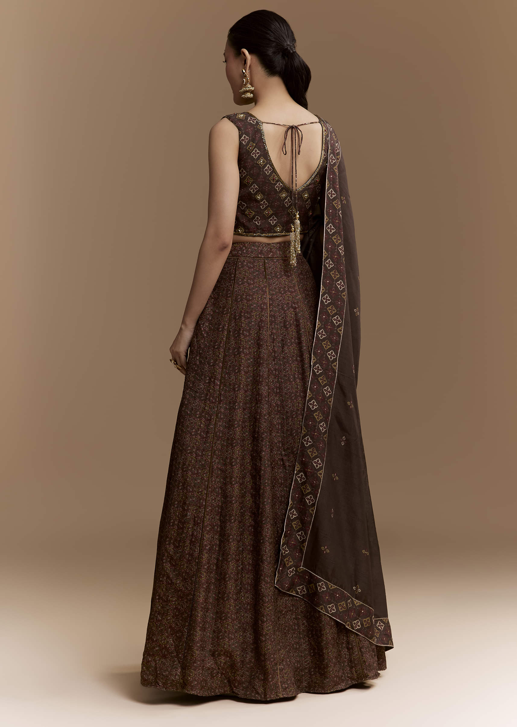 Brown Printed Silk Bridesmaid Lehenga Set with Dupatta - Image 2