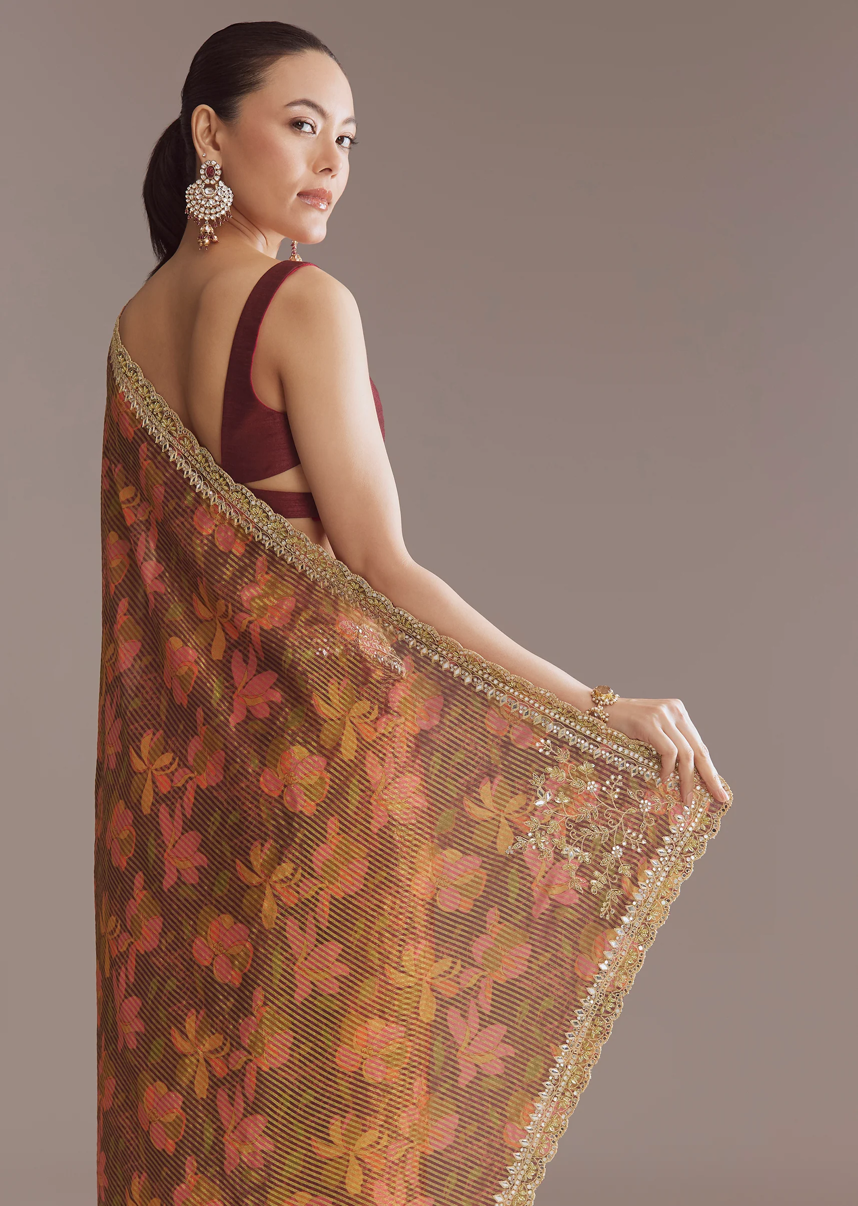 Brown Printed Tissue Lurex Saree With Zari Mirror And Cutdana Embroidery - Image 6