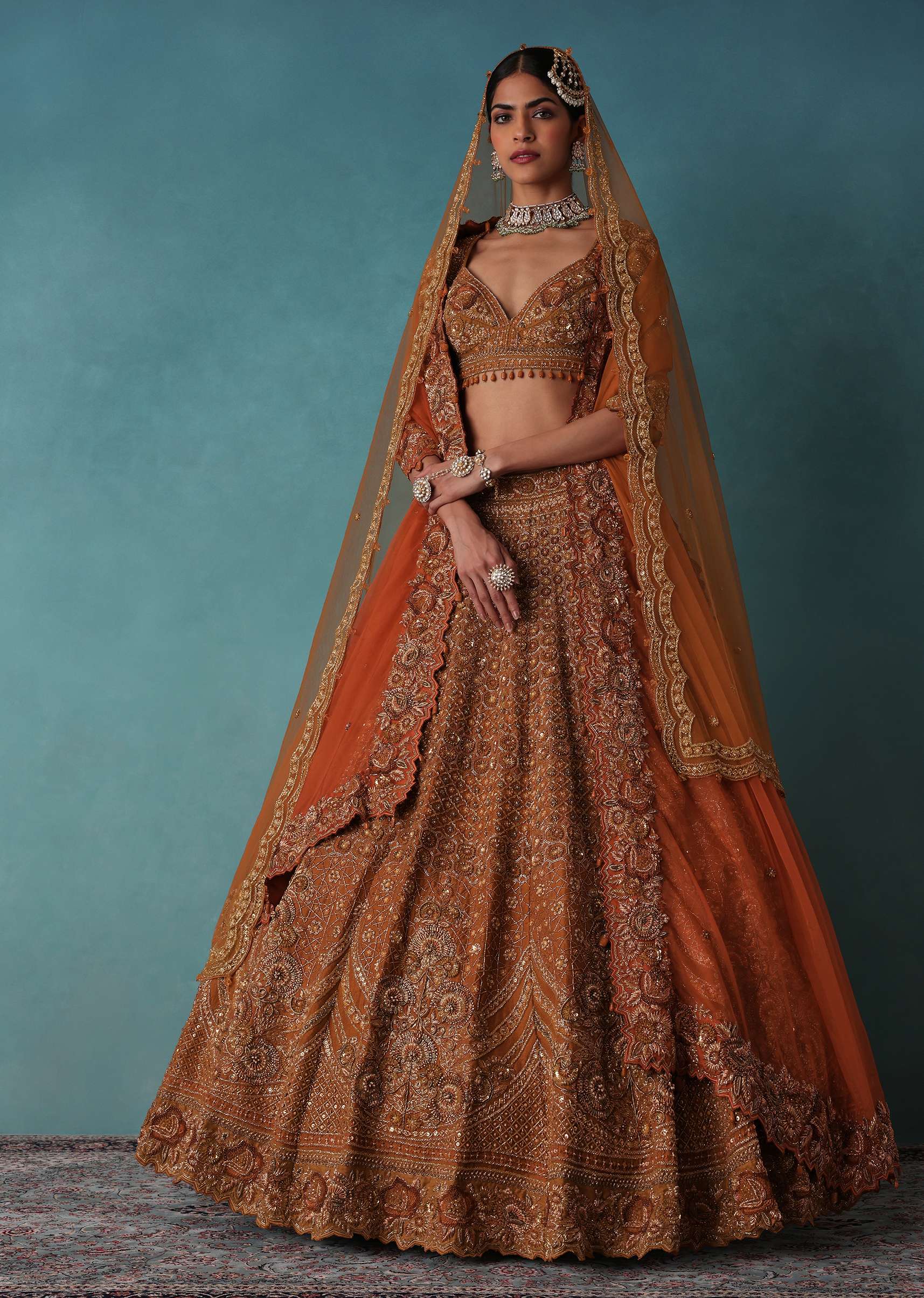 Brown Raw Silk Bridal Lehenga Set With Hand Embroidery - Image 3