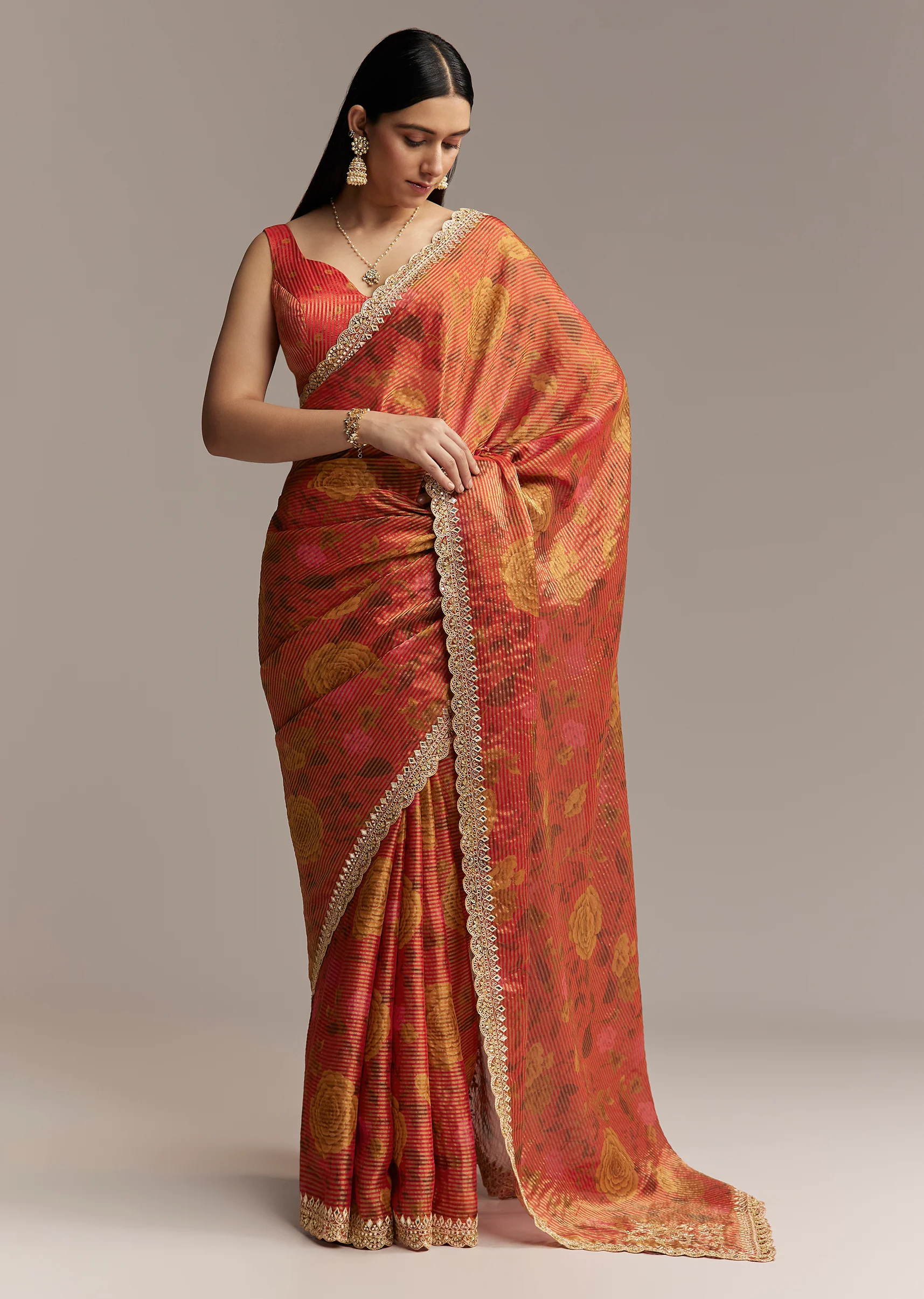 Brown Red Tissue Saree With Mirror And Zari Work - Image 3