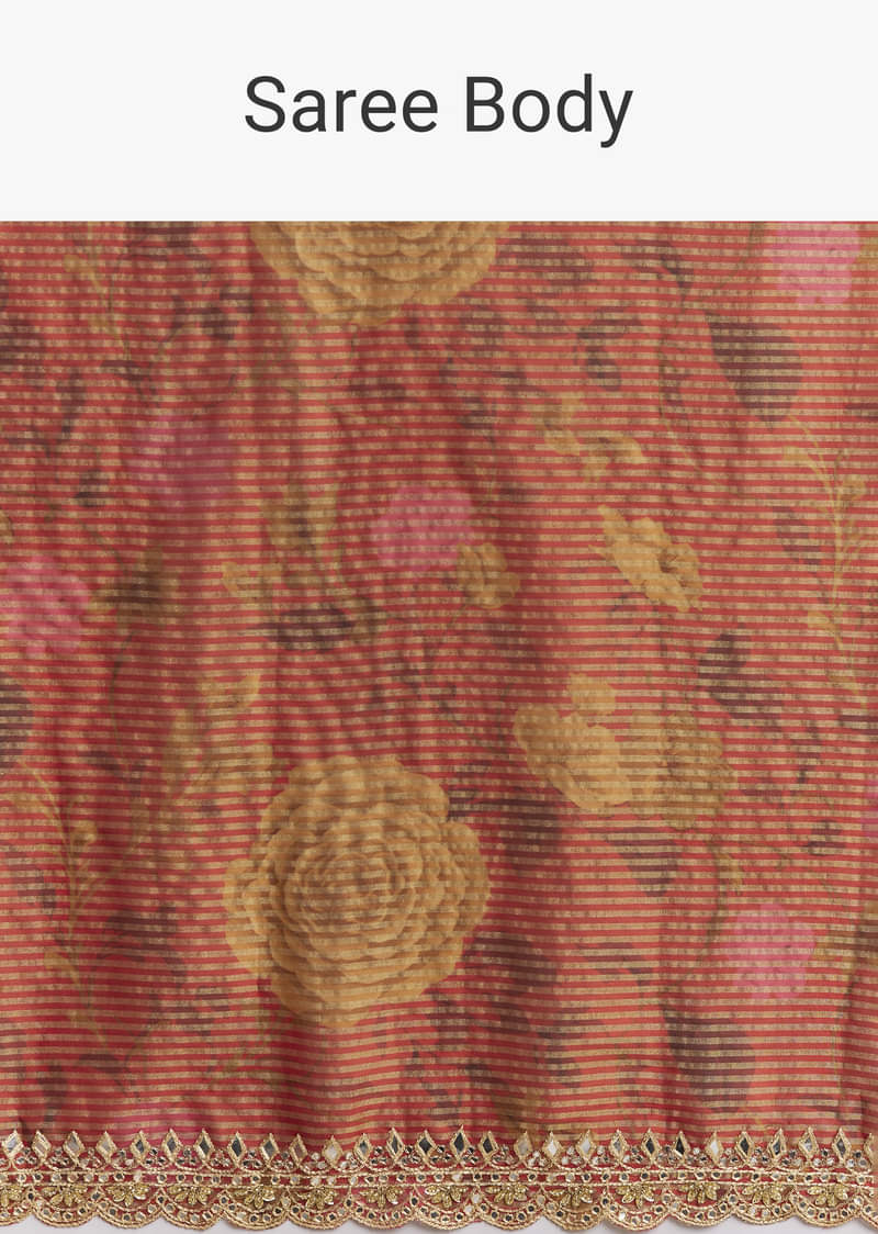 Brown Red Tissue Saree With Mirror And Zari Work - Image 9