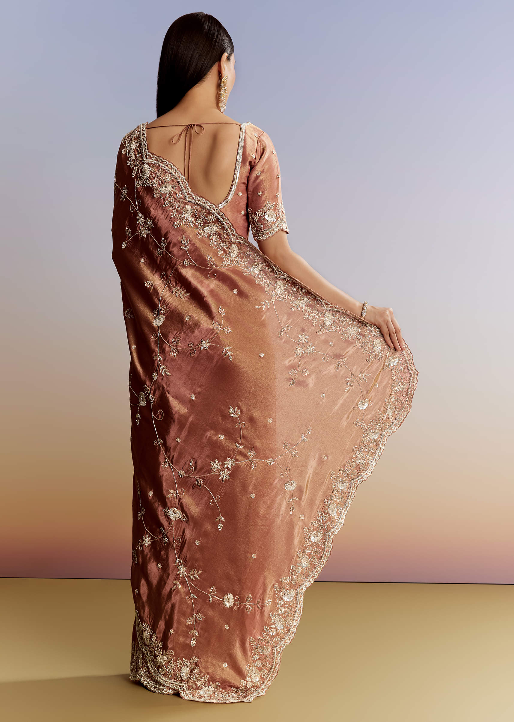 Brown Rust Crush Tissue Saree With Gota And Beads Embroidery - Image 4
