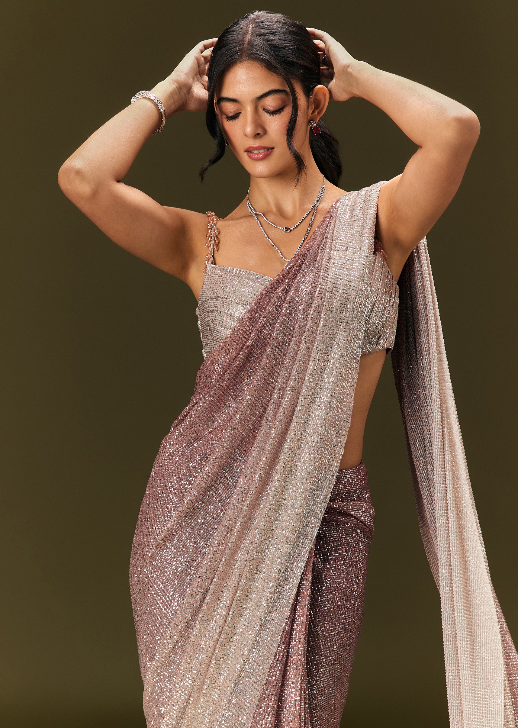 Brown Sequin Ready Pleated Saree With Stone Work - Image 2