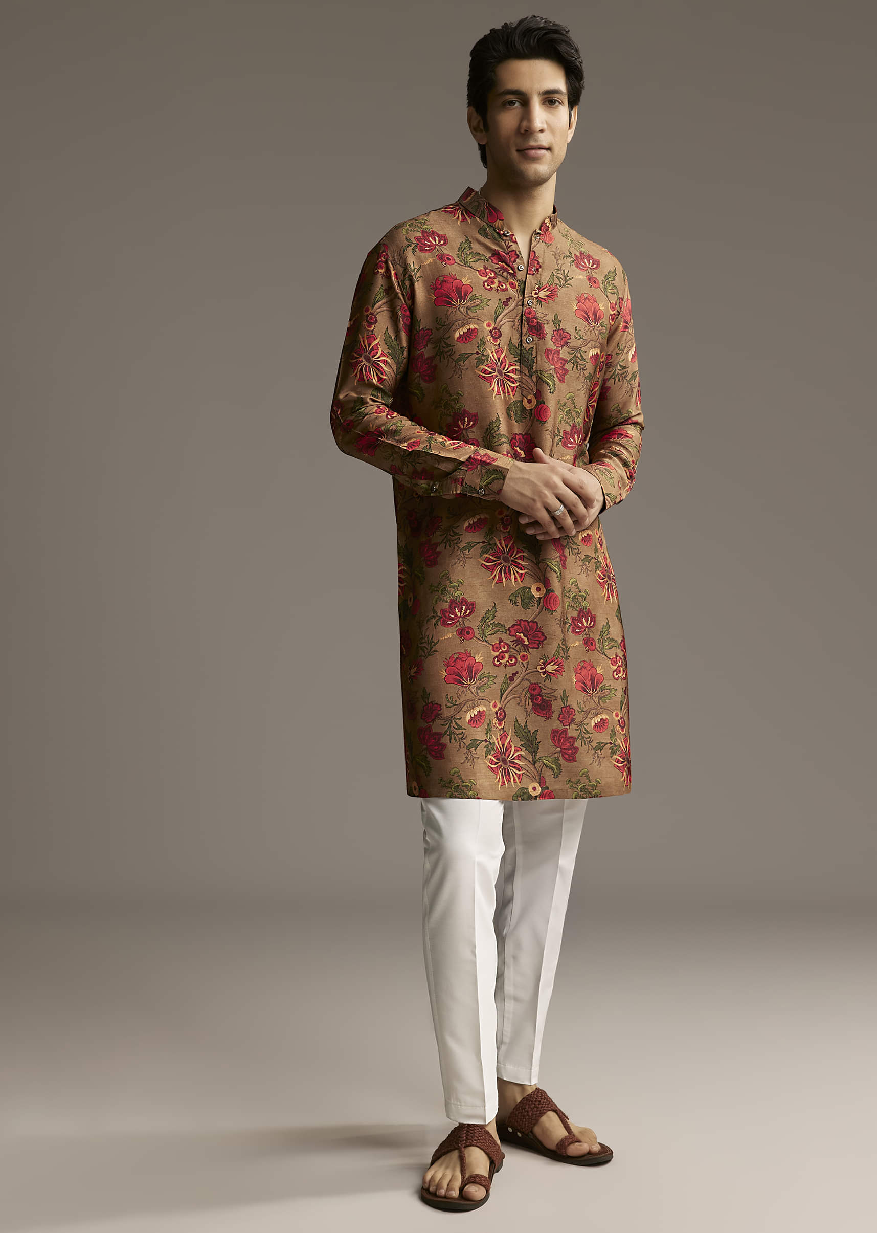 Brown Silk Designer Kurta For Men With Floral Print - Image 4