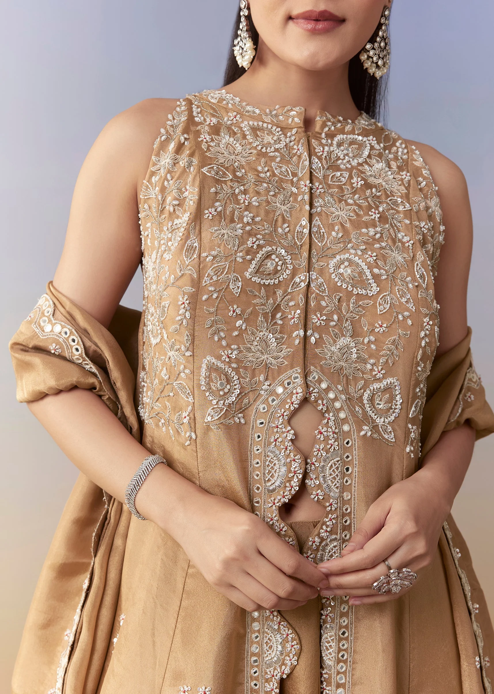 Brown Slit Anarkali Set with Cutdana Work - Image 2