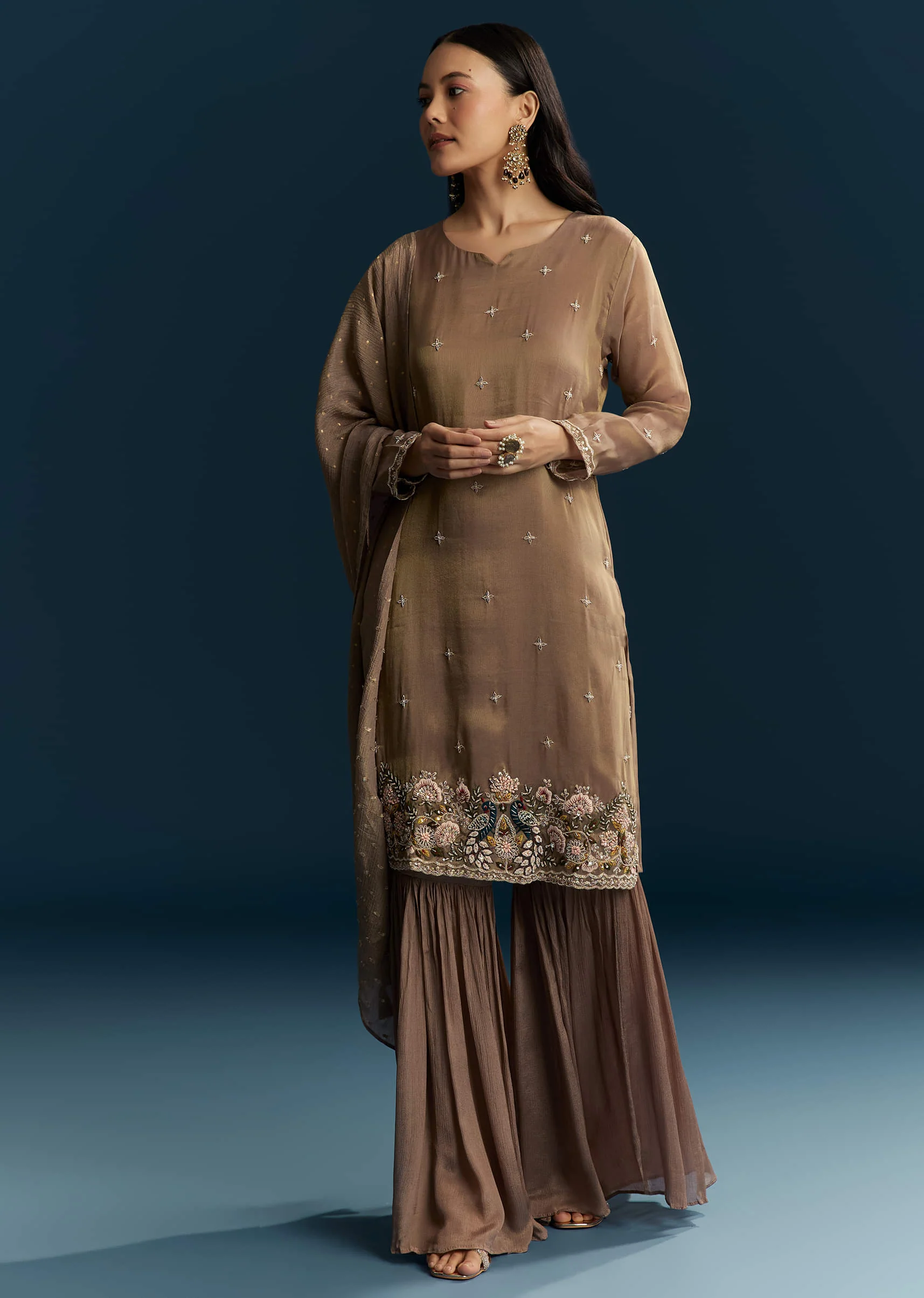 Brown Tissue Sharara Suit With Zardosi And Thread Work - Image 3
